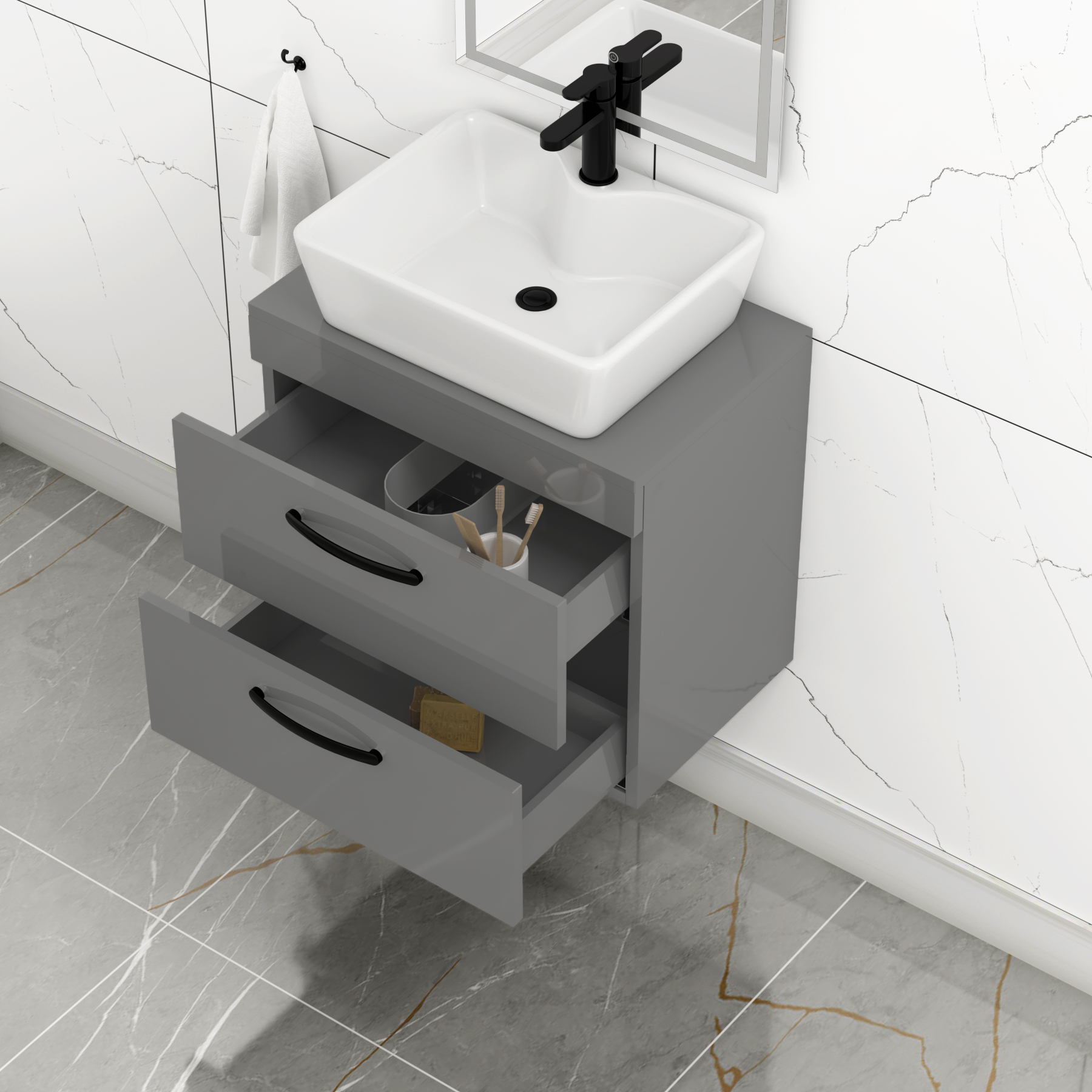600mm Wall Hung Vanity Unit 2 Drawer Indigo Grey Gloss & Cube Countertop Basin with Matt Black Handle