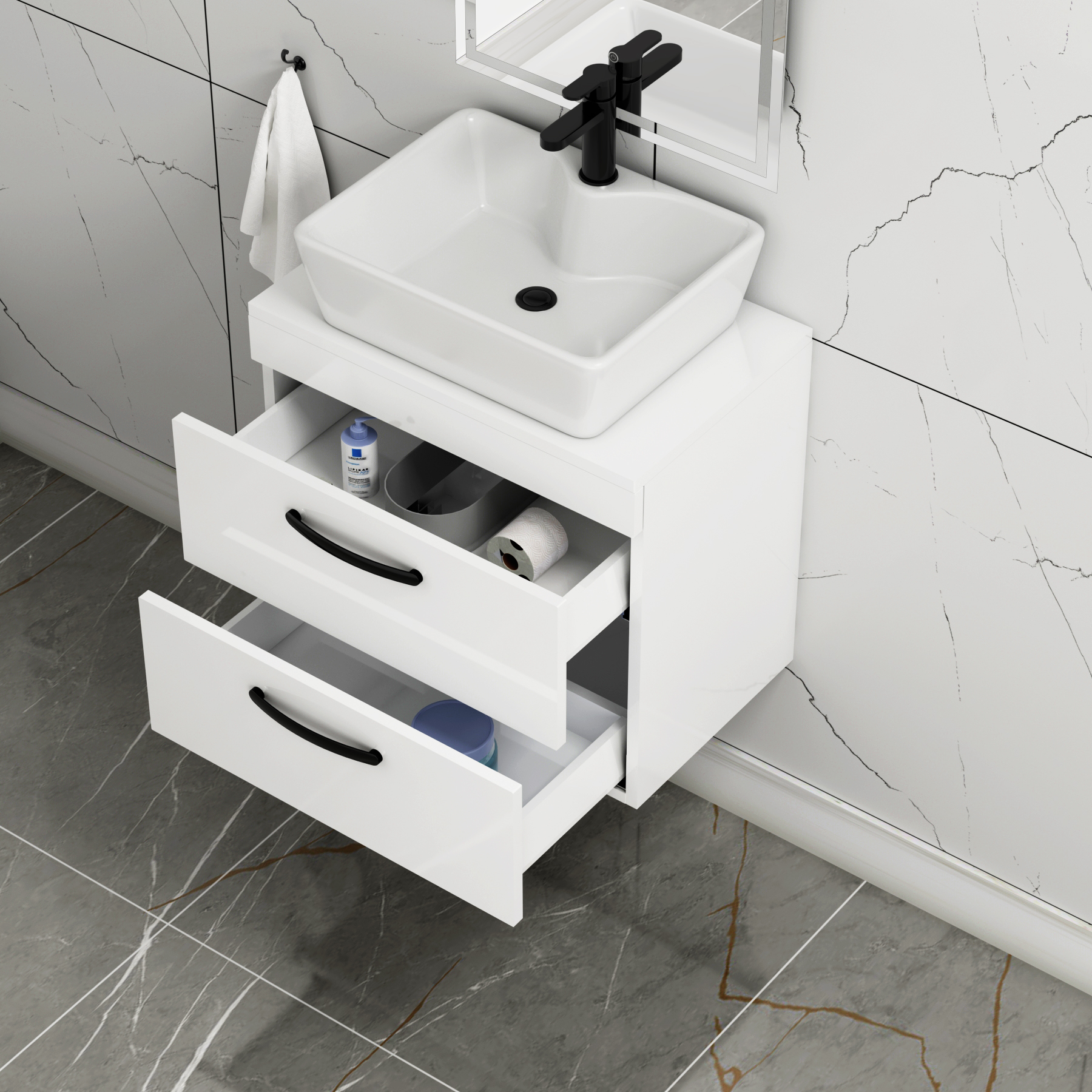 600mm Wall Hung Vanity Unit 2 Drawer Gloss White & Cube Countertop Basin with Matt Black Handle