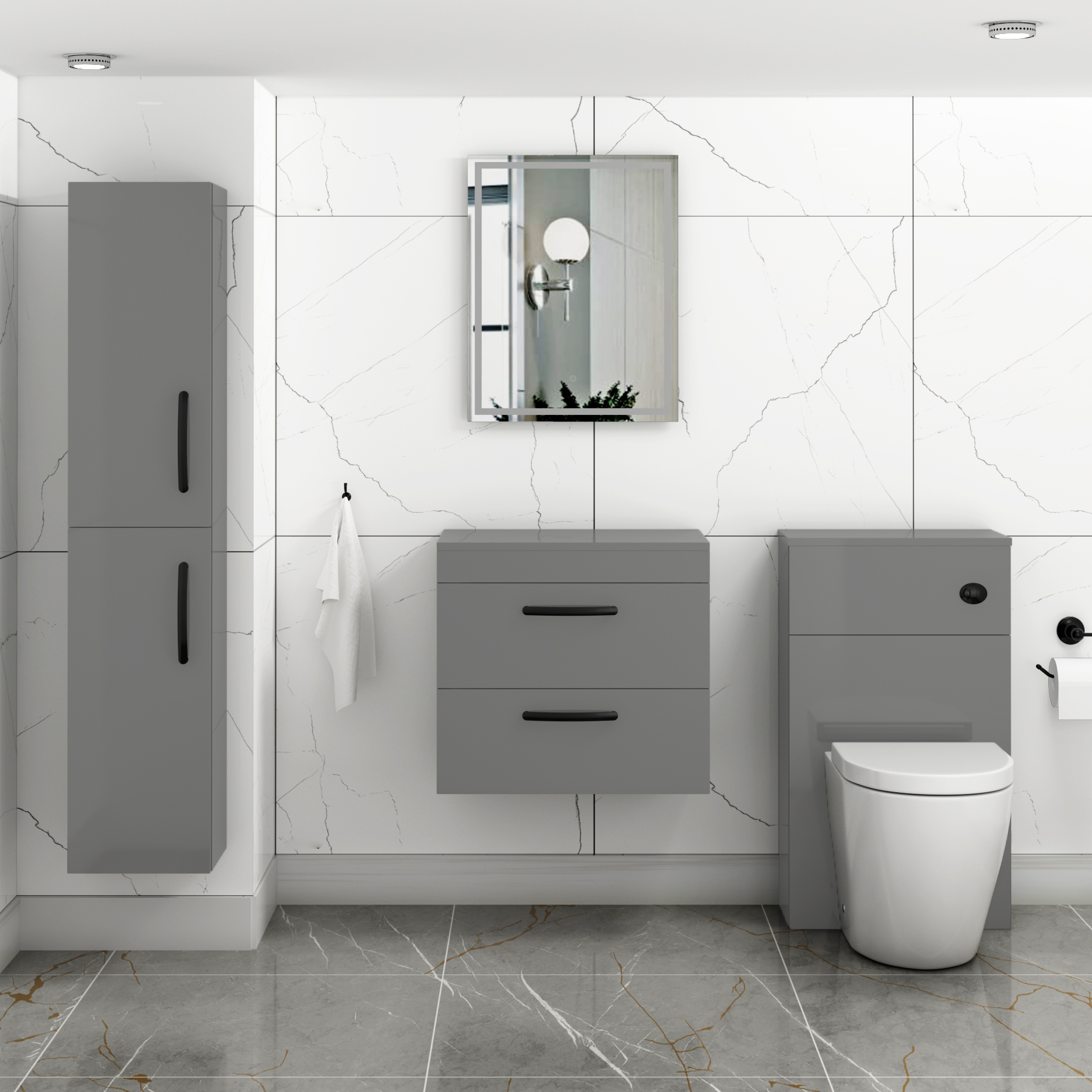 600mm Wall Hung Vanity Unit 2 Drawer Indigo Grey Gloss - Storage Cabinetwith Matt Black Handle
