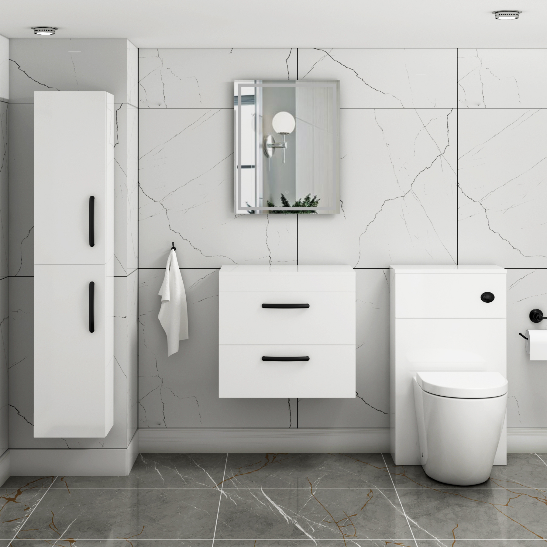 600mm Wall Hung Vanity Unit 2 Drawer Gloss White - Storage Cabinetwith Matt Black Handle