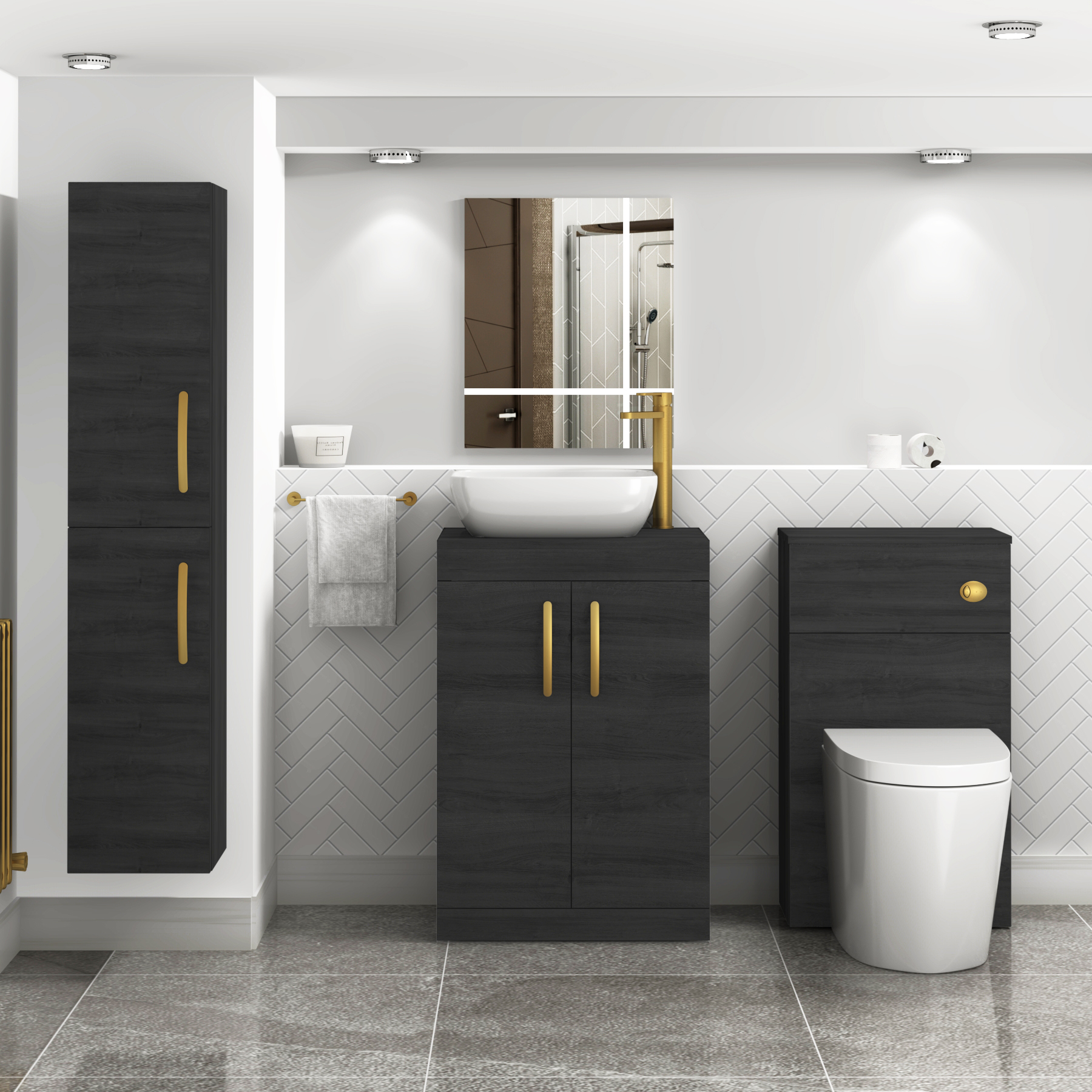500mm Floor Standing Vanity Unit 2 Door Hale Black & Countertop Basin - Elva with Brushed Brass Handle