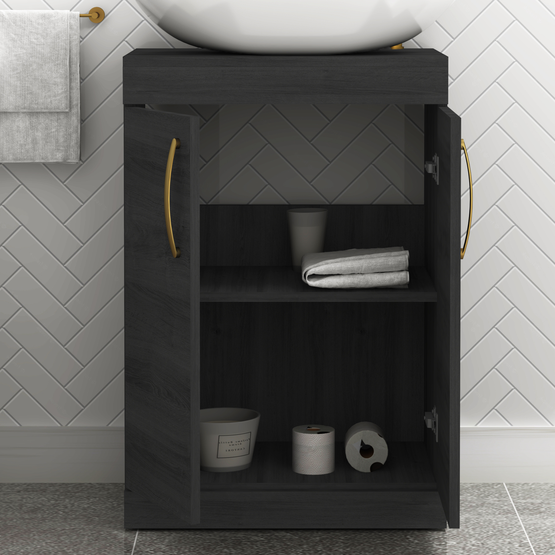 500mm Floor Standing Vanity Unit 2 Door Hale Black & Countertop Basin - Elva with Brushed Brass Handle