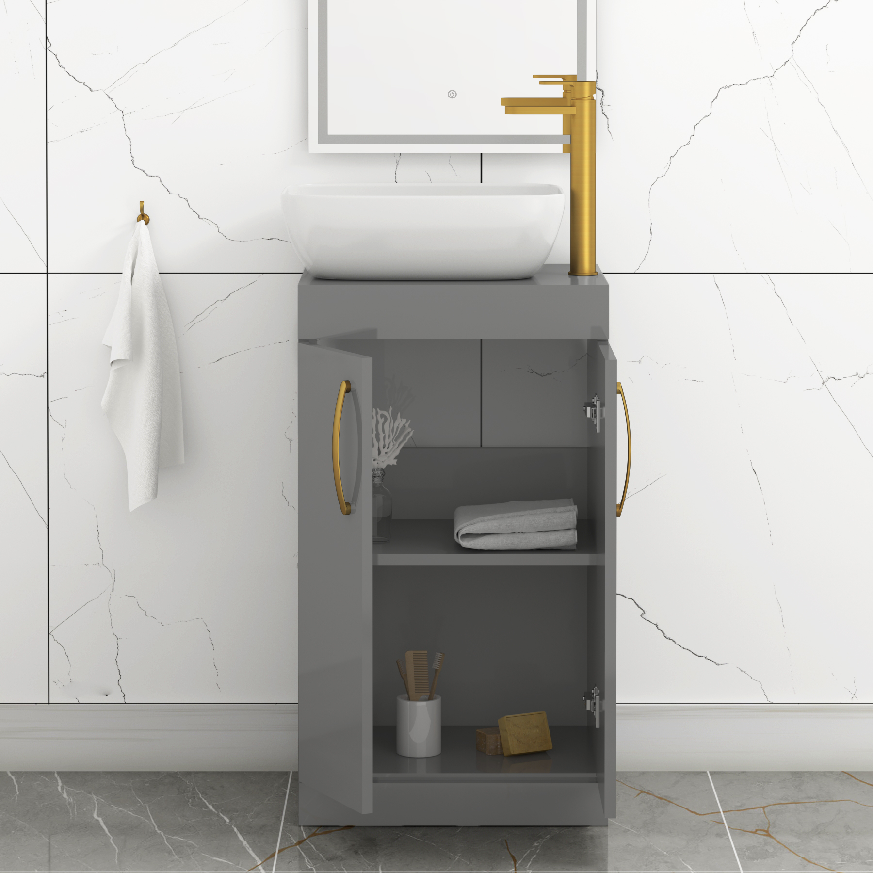 500mm Floor Standing Vanity Unit 2 Door Indigo Grey Gloss & Countertop Basin - Elva with Brushed Brass Handle