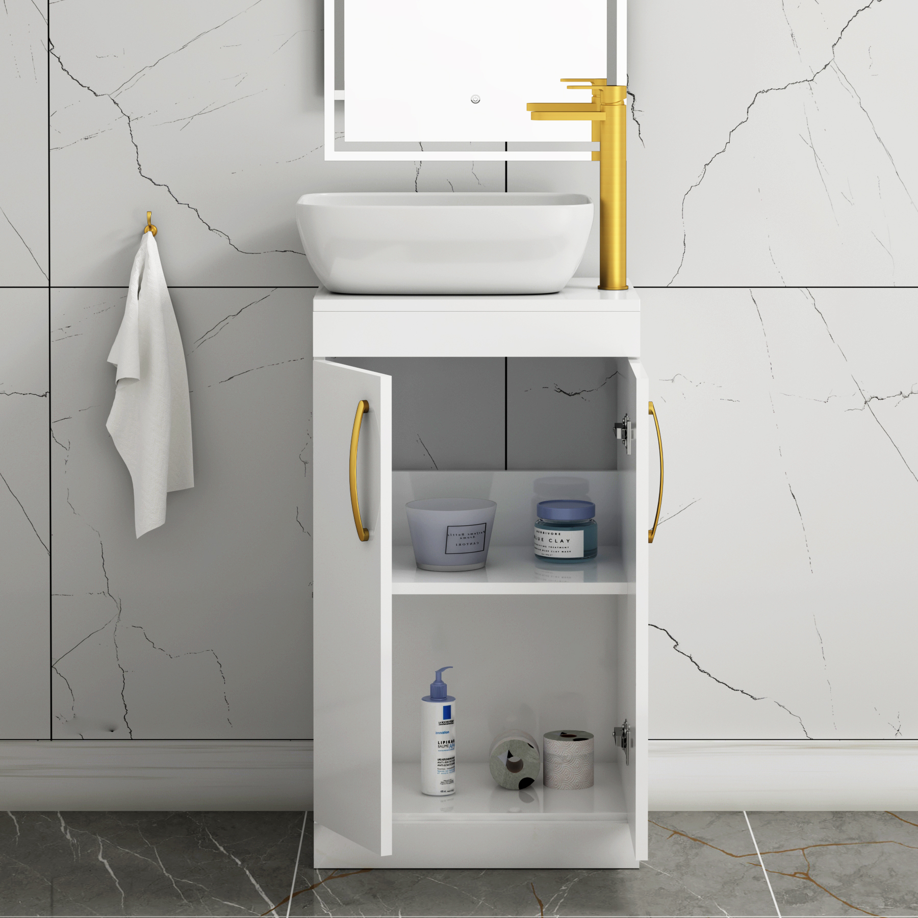 500mm Floor Standing Vanity Unit 2 Door Gloss White & Countertop Basin - Elva with Brushed Brass Handle