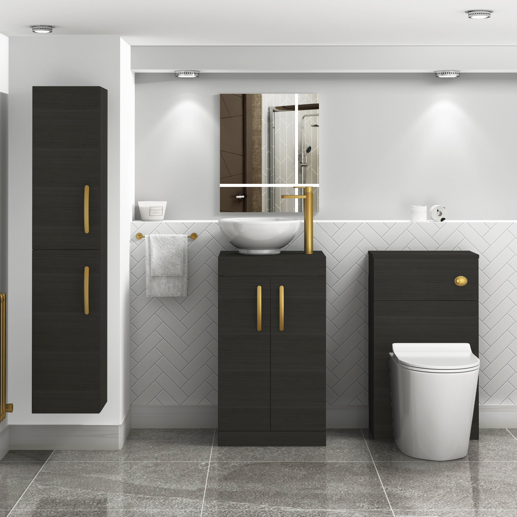 500mm Floor Standing Vanity Unit 2 Door Hale Black & Countertop Basin - Breeze with Brushed Brass Handle