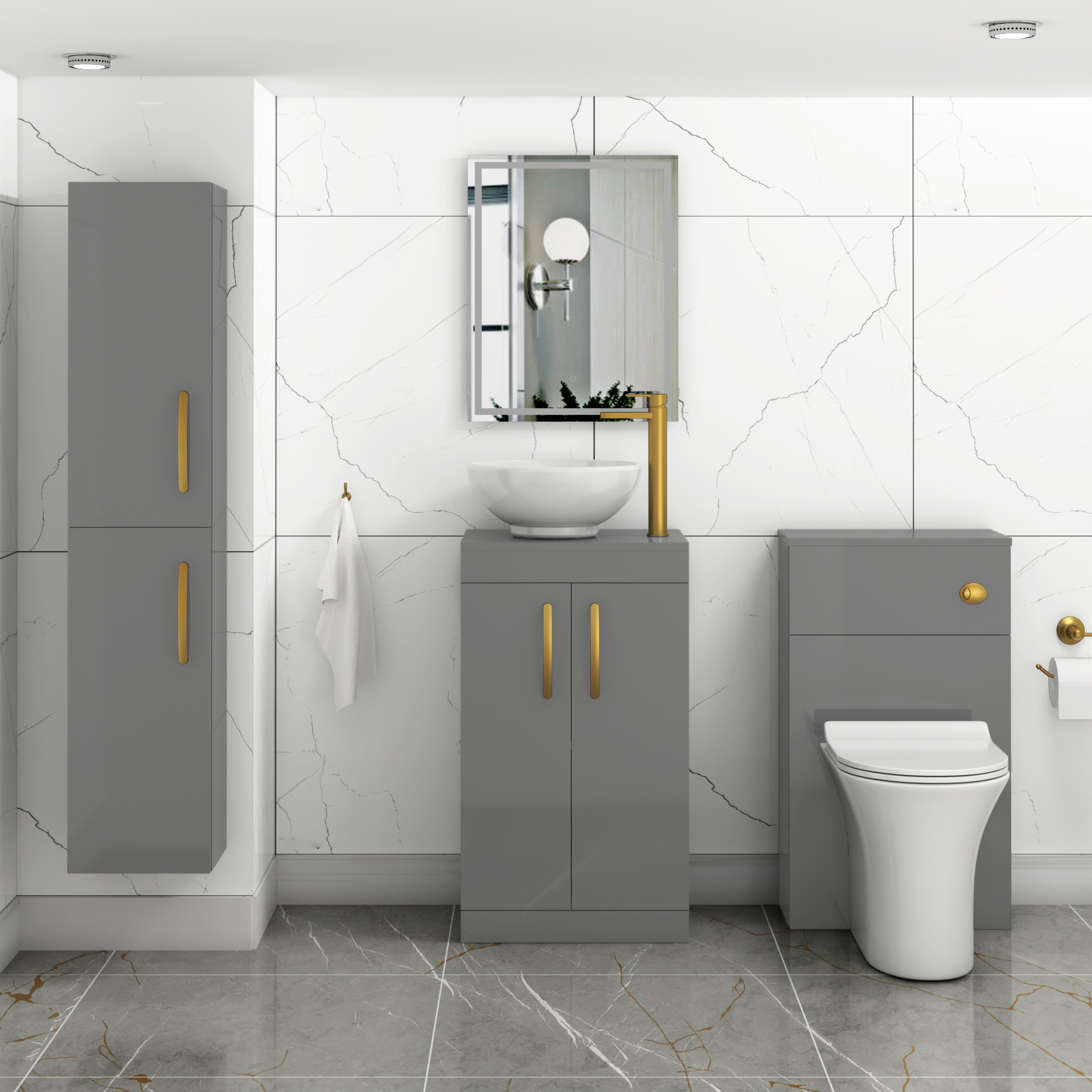 500mm Floor Standing Vanity Unit 2 Door Indigo Grey Gloss & Countertop Basin - Breeze with Brushed Brass Handle