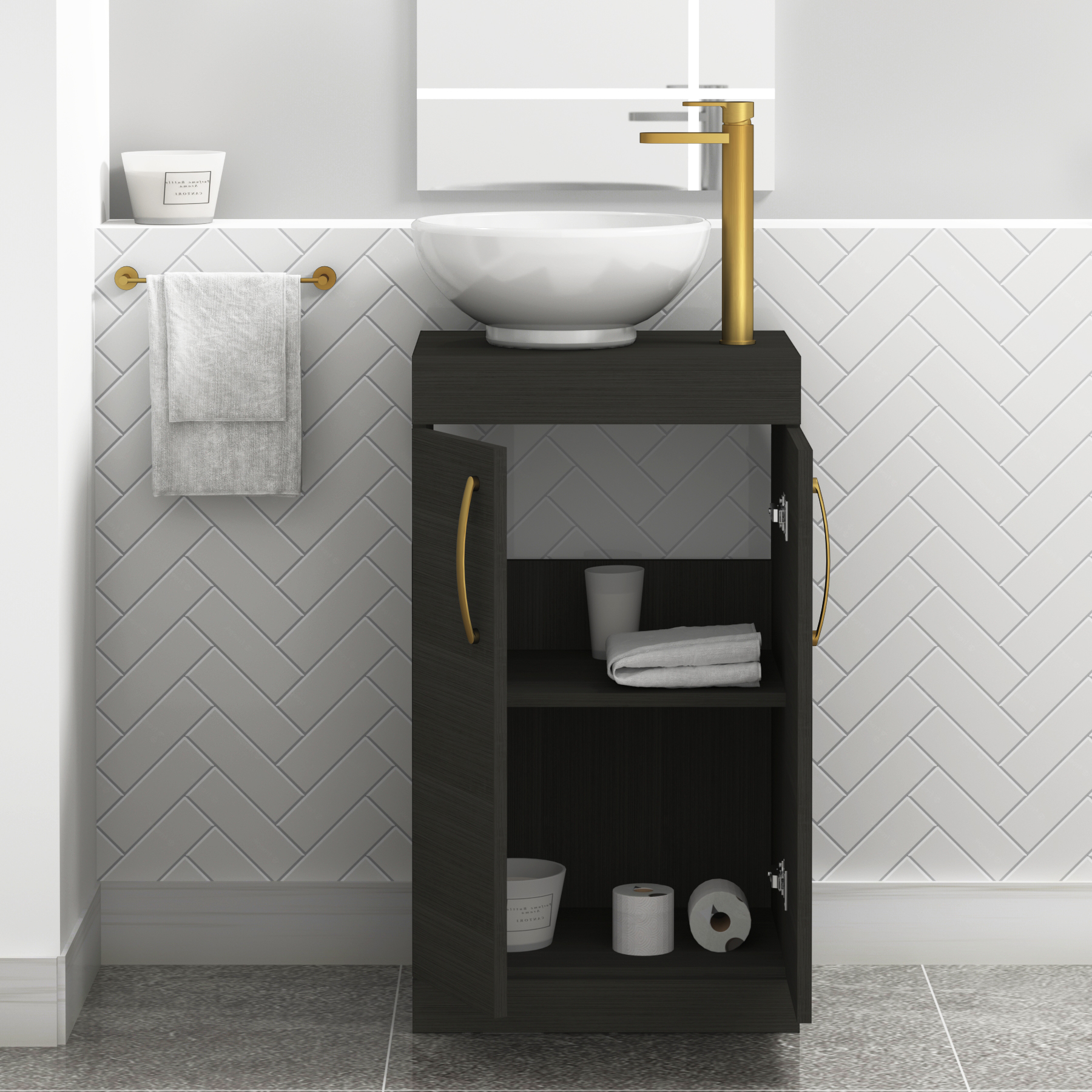 500mm Floor Standing Vanity Unit 2 Door Hale Black & Countertop Basin - Breeze with Brushed Brass Handle