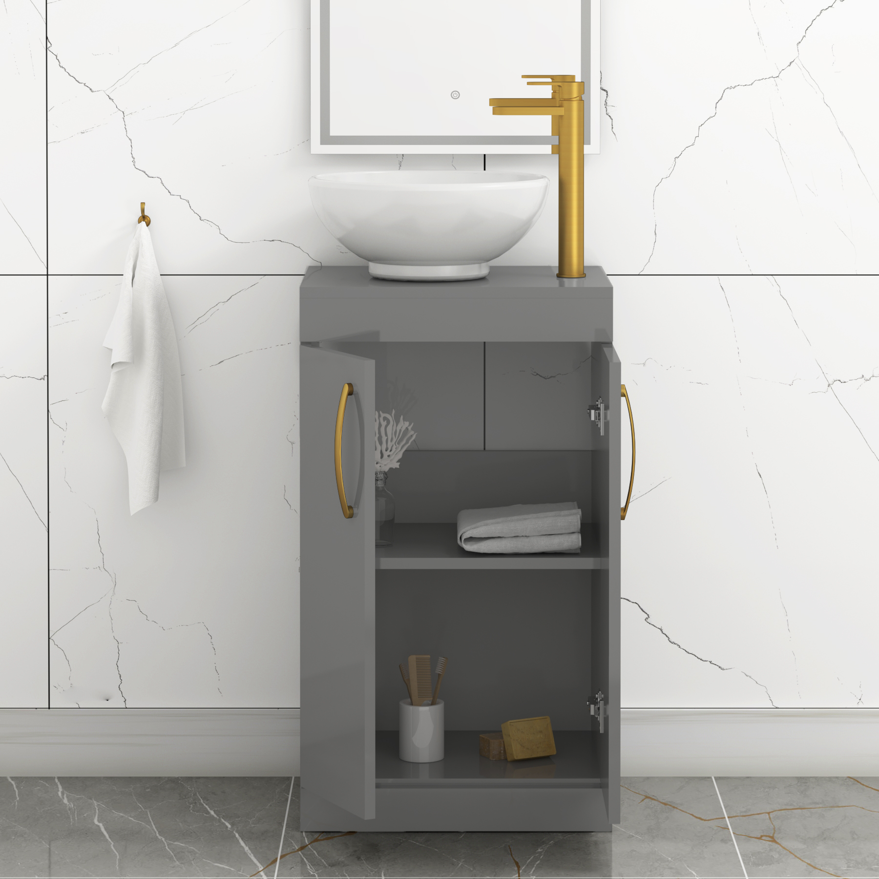 500mm Floor Standing Vanity Unit 2 Door Indigo Grey Gloss & Countertop Basin - Breeze with Brushed Brass Handle