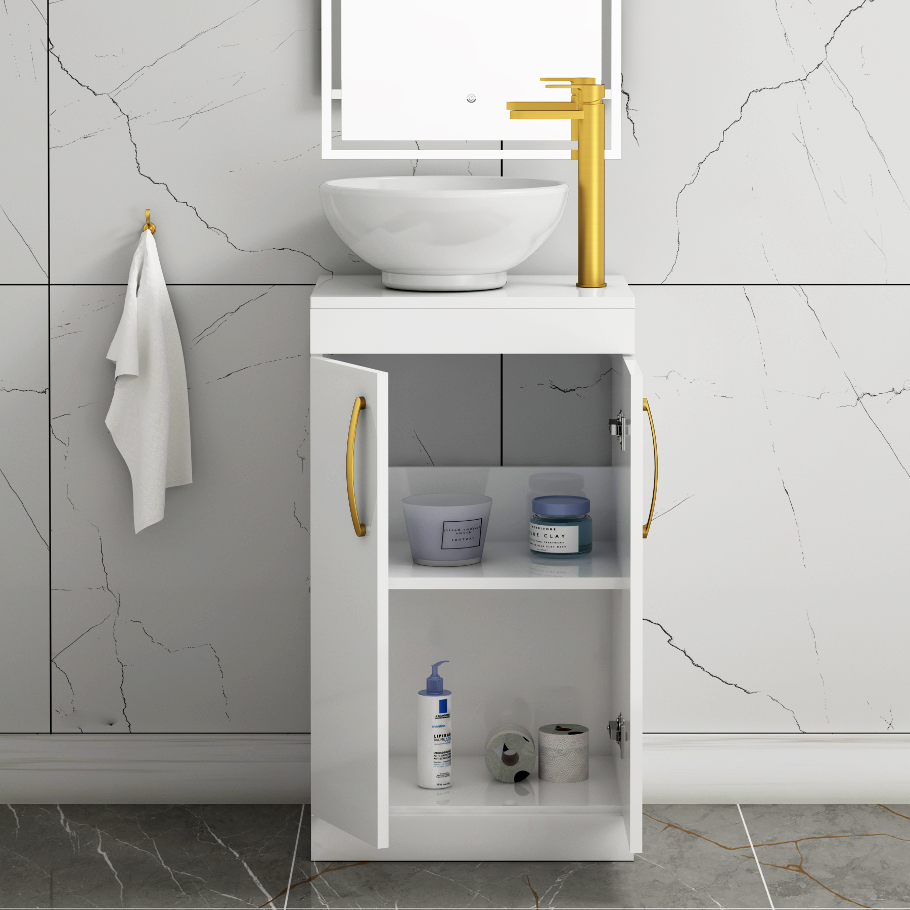 500mm Floor Standing Vanity Unit 2 Door Gloss White & Countertop Basin - Breeze with Brushed Brass Handle