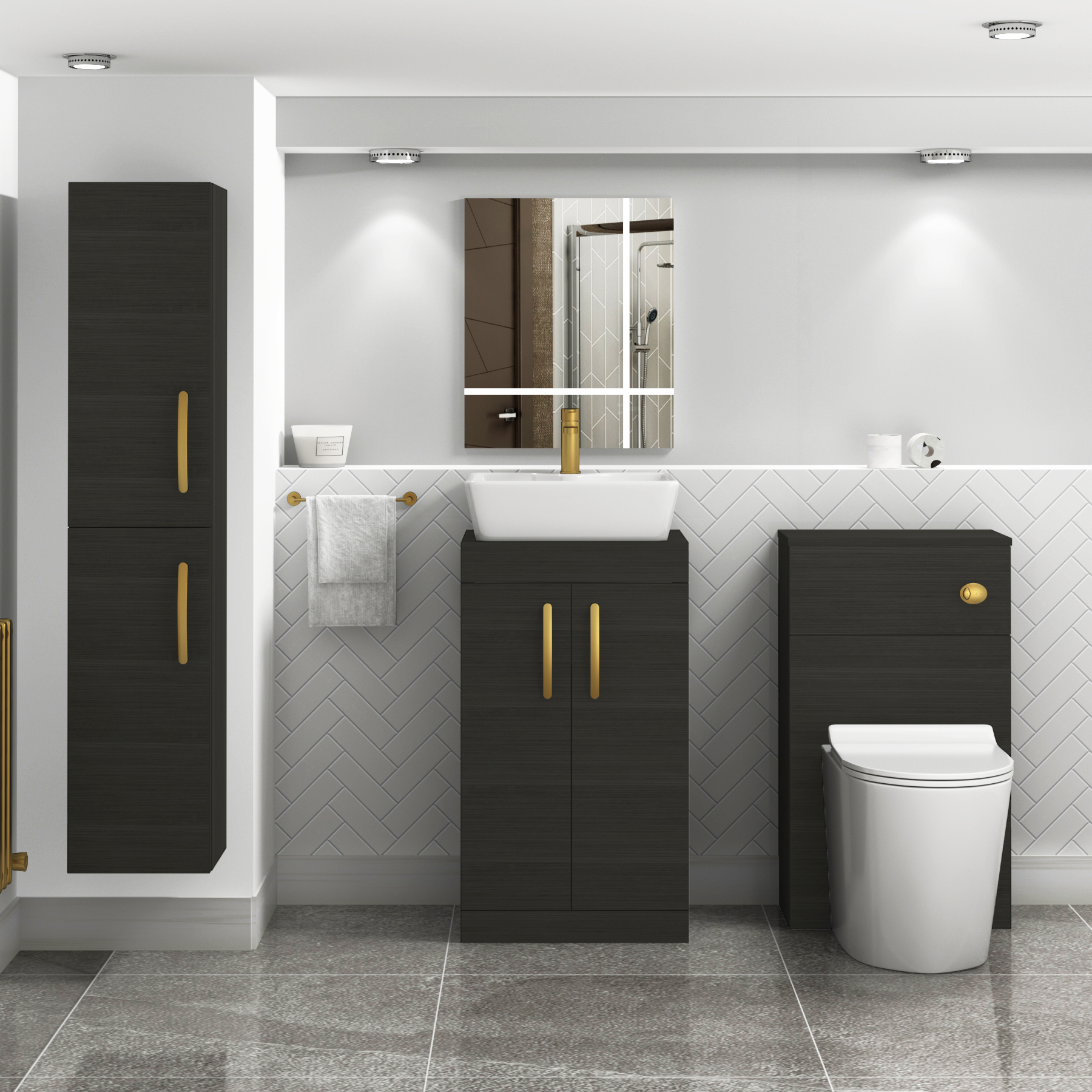 500mm Floor Standing Vanity Unit 2 Door Hale Black & Countertop Basin - Cube with Brushed Brass Handle