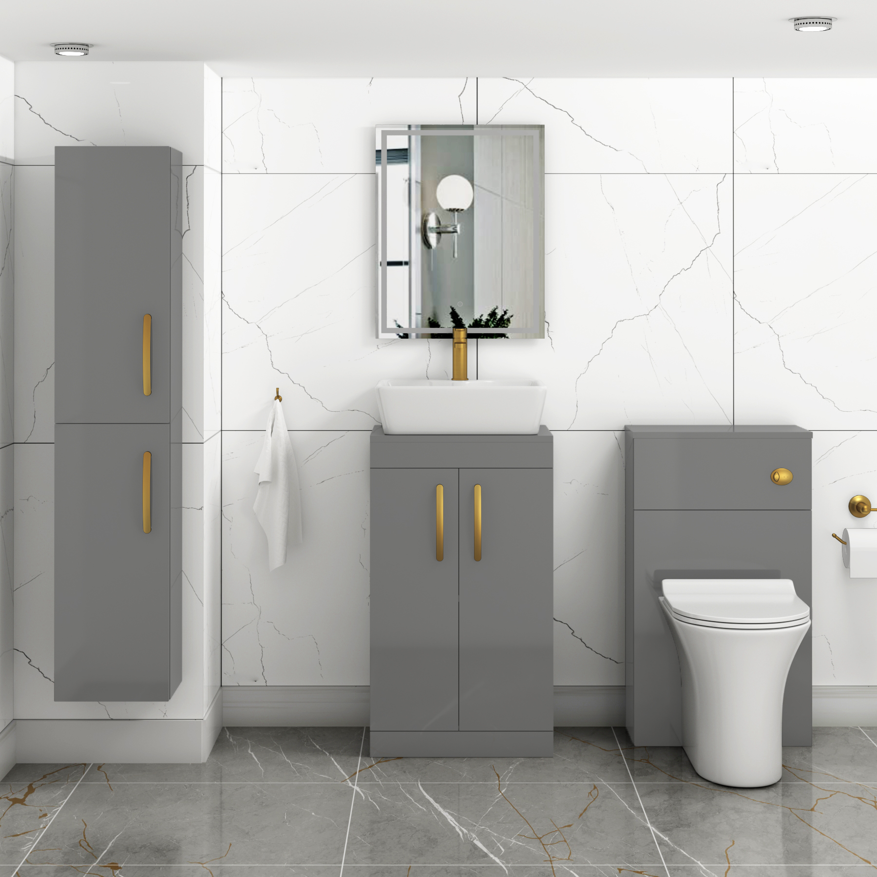 500mm Floor Standing Vanity Unit 2 Door Indigo Grey Gloss & Countertop Basin - Cube with Brushed Brass Handle