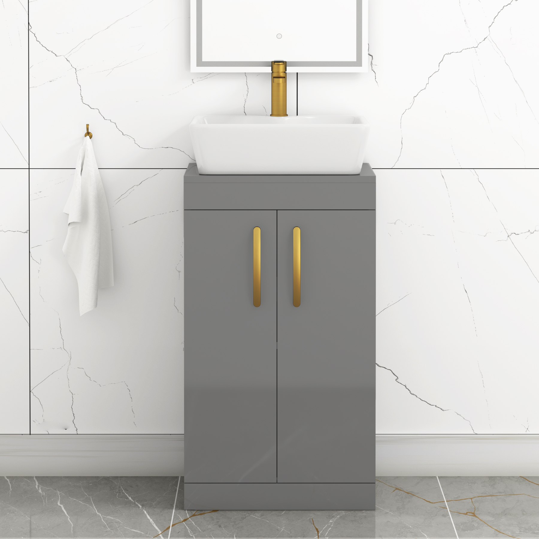 500mm Floor Standing Vanity Unit 2 Door Indigo Grey Gloss & Countertop Basin - Cube with Brushed Brass Handle