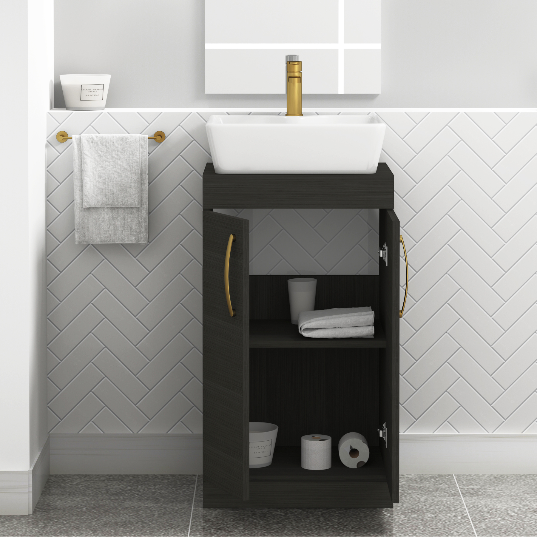 500mm Floor Standing Vanity Unit 2 Door Hale Black & Countertop Basin - Cube with Brushed Brass Handle