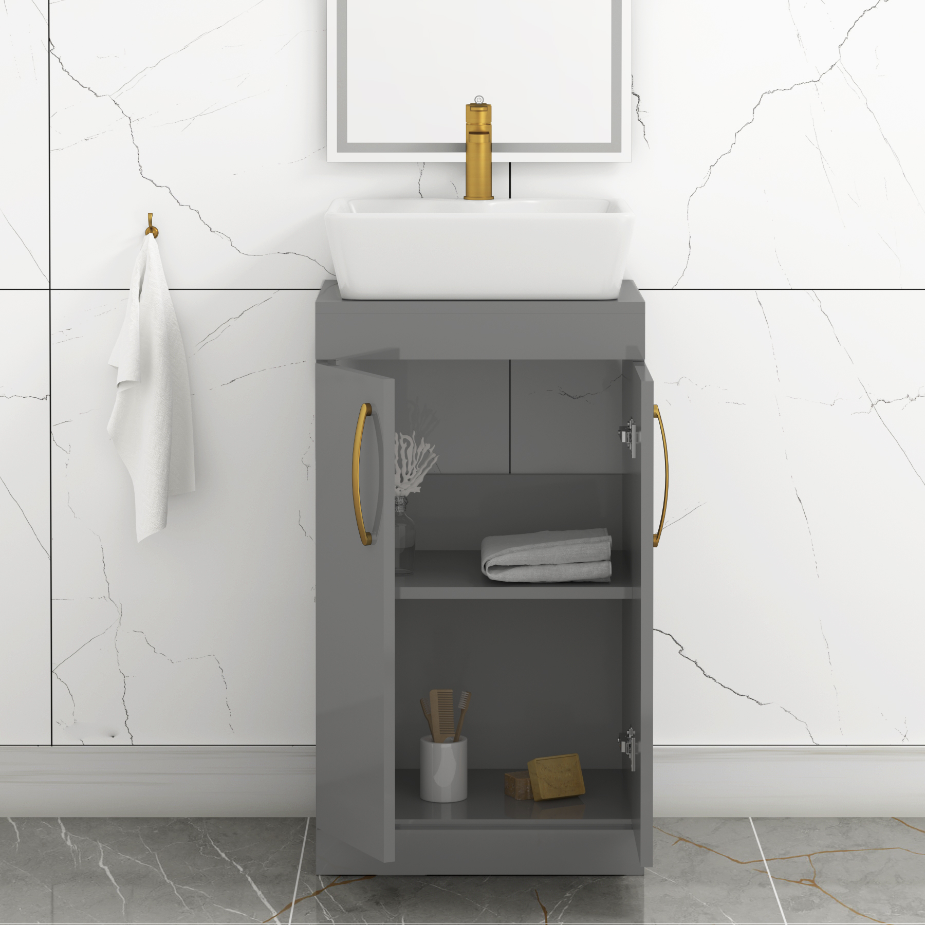 500mm Floor Standing Vanity Unit 2 Door Indigo Grey Gloss & Countertop Basin - Cube with Brushed Brass Handle