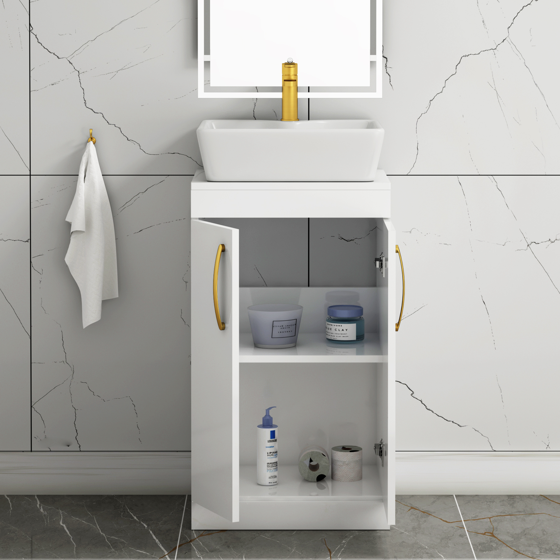 500mm Floor Standing Vanity Unit 2 Door Gloss White & Countertop Basin - Cube with Brushed Brass Handle