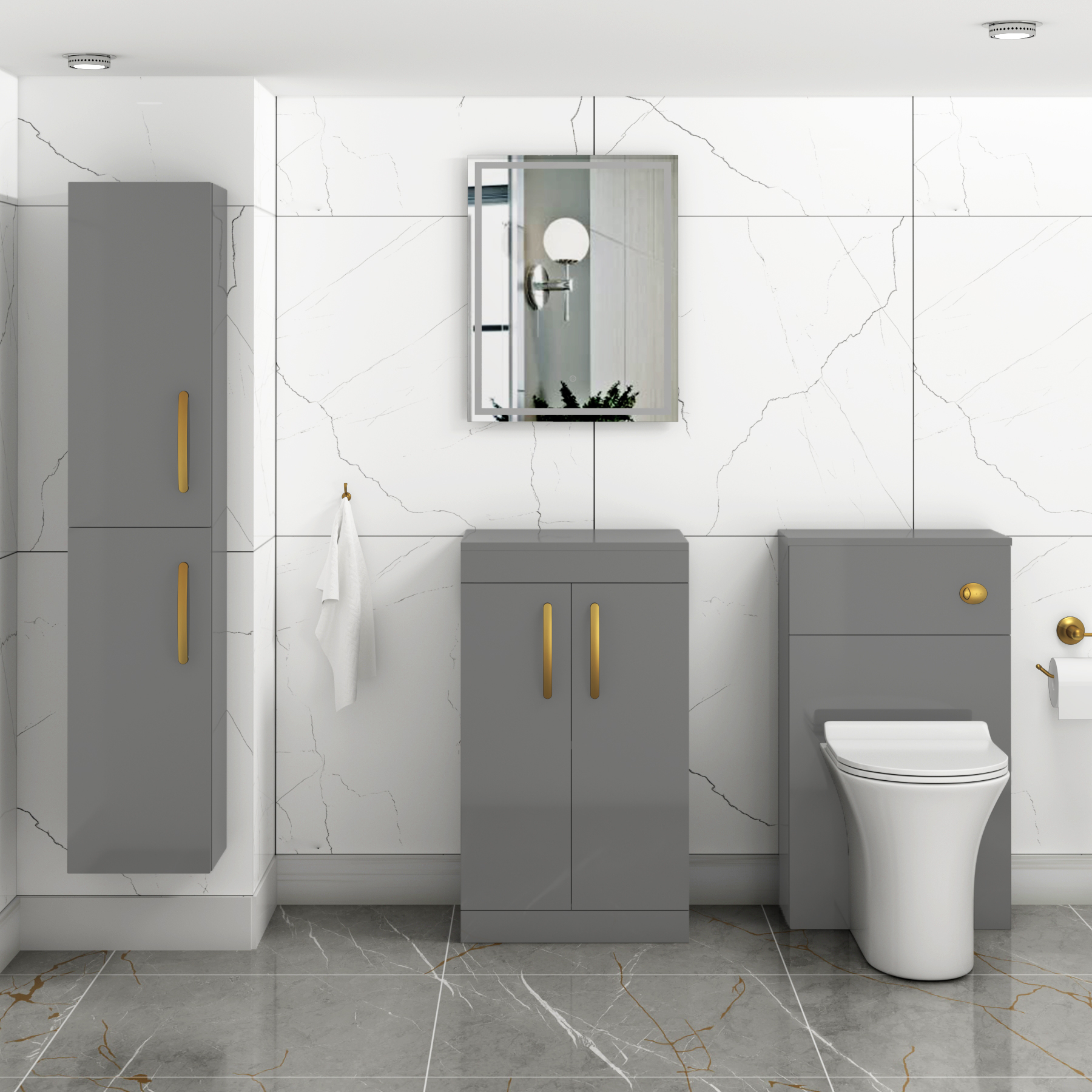 Turin 500mm Indigo Grey Gloss Floor Standing Worktop Vanity Unit - 2 Doors with Brushed Brass Handle