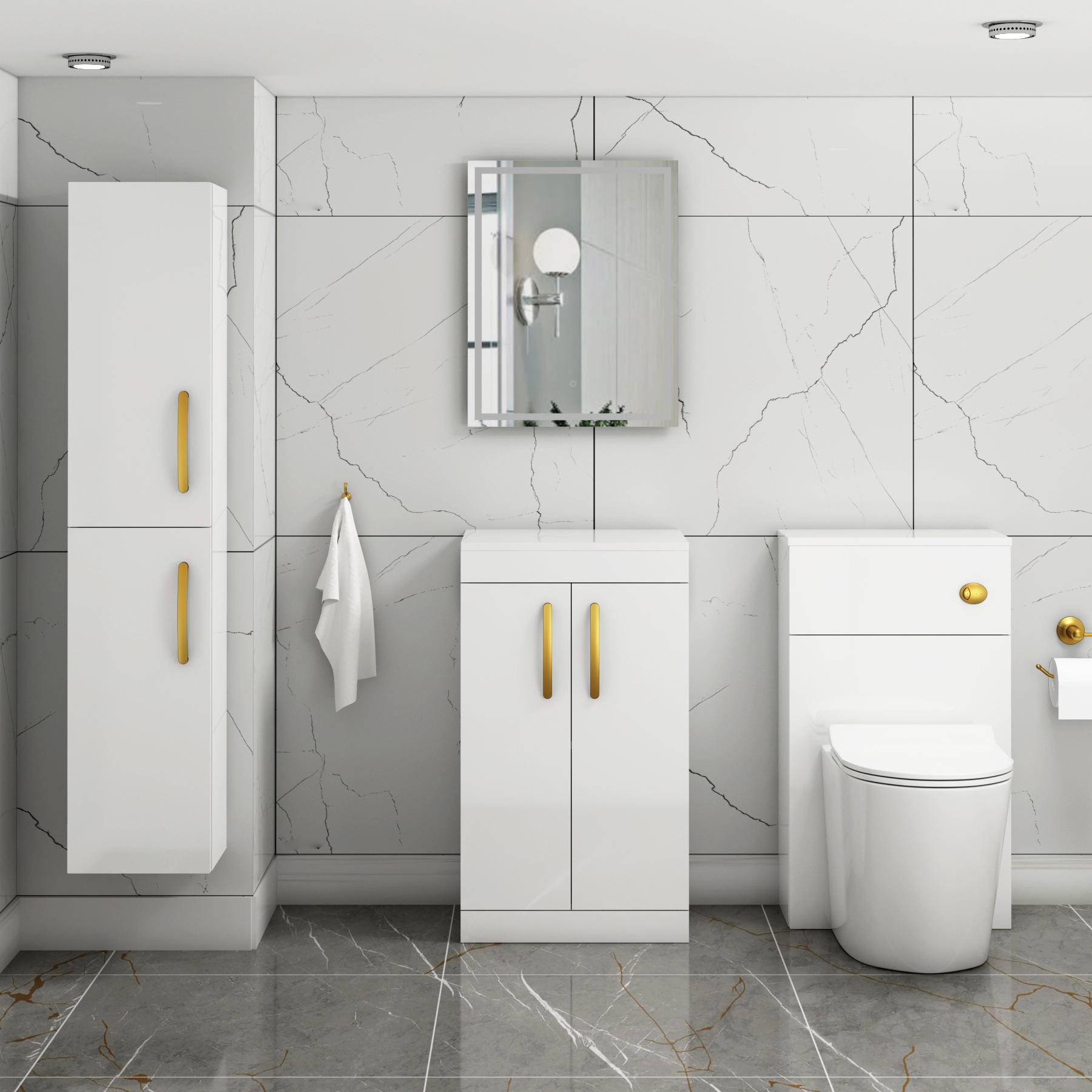 Turin 500mm Gloss White Floor Standing Worktop Vanity Unit - 2 Doors with Brushed Brass Handle