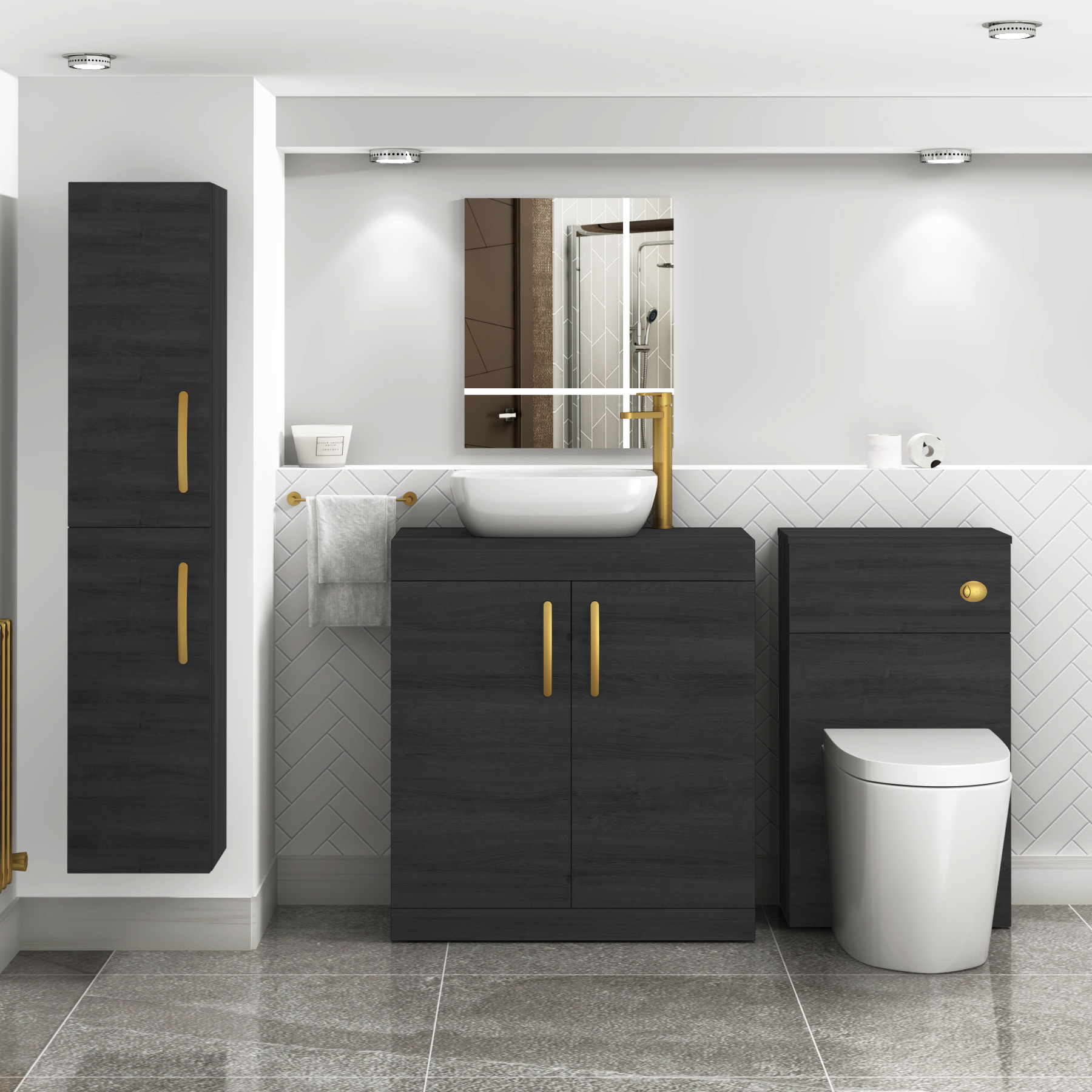 Turin 800mm Floor Standing Vanity Unit 2 Door Hale Black & Countertop Basin - Elva with Brushed Brass Handle