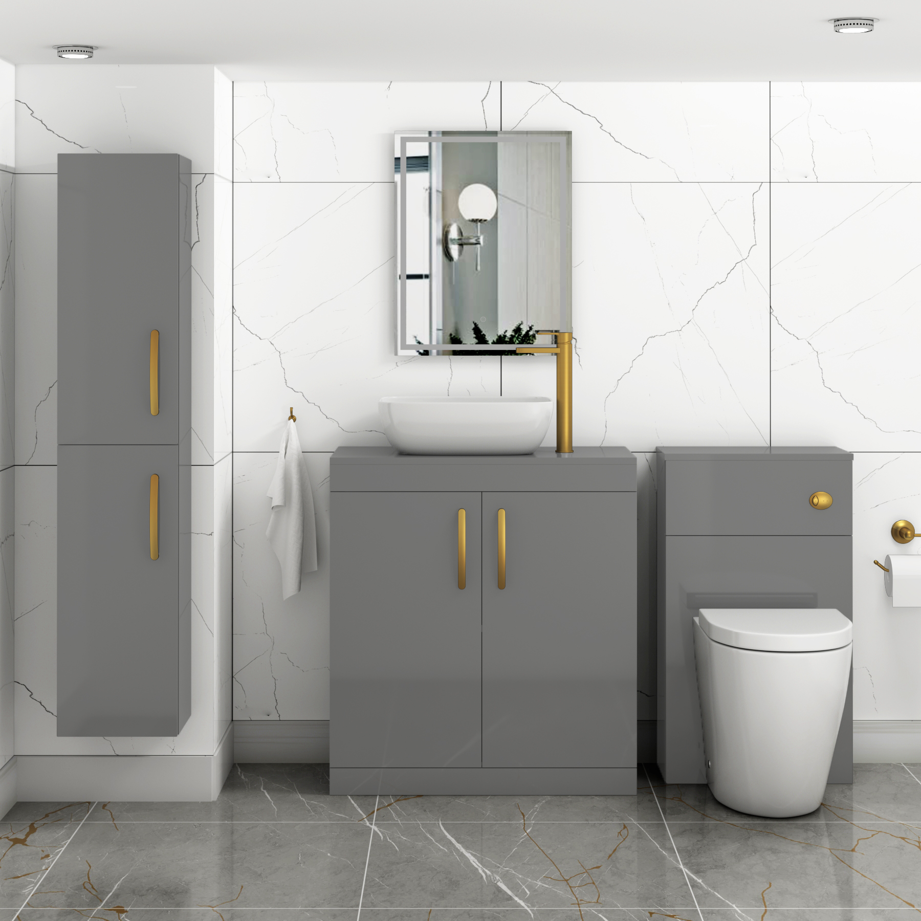 Turin 800mm Floor Standing Vanity Unit 2 Door Indigo Grey Gloss & Countertop Basin - Elva with Brushed Brass Handle
