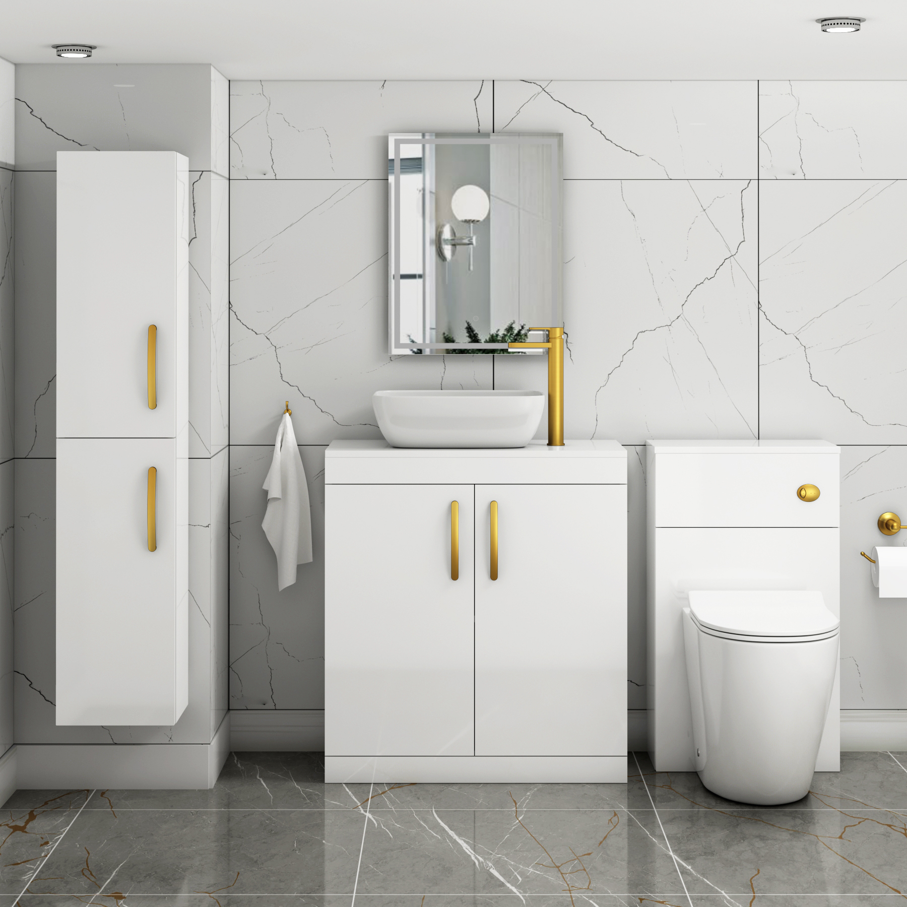 Turin 800mm Floor Standing Vanity Unit 2 Door Gloss White & Countertop Basin - Elva with Brushed Brass Handle