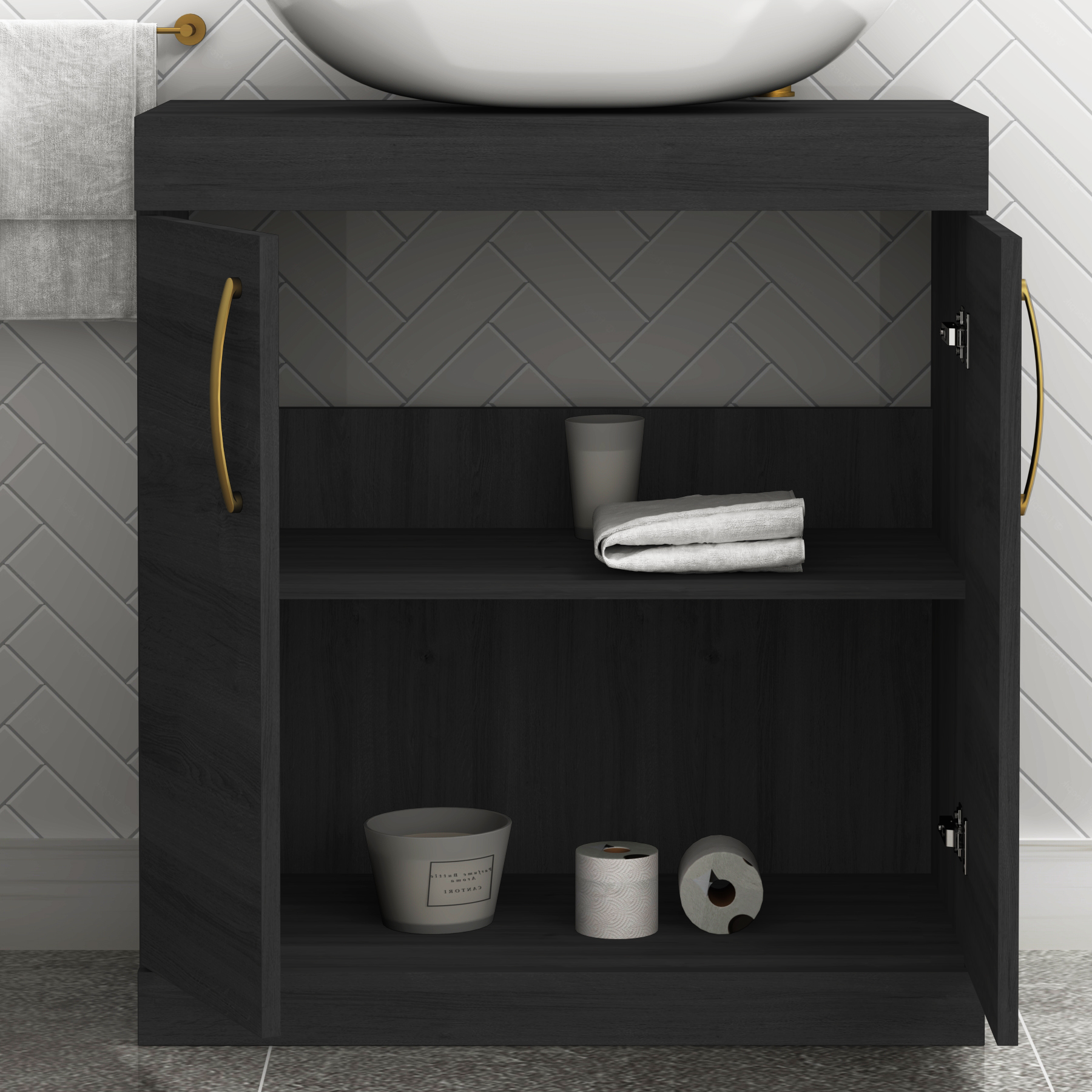 Turin 800mm Floor Standing Vanity Unit 2 Door Hale Black & Countertop Basin - Elva with Brushed Brass Handle