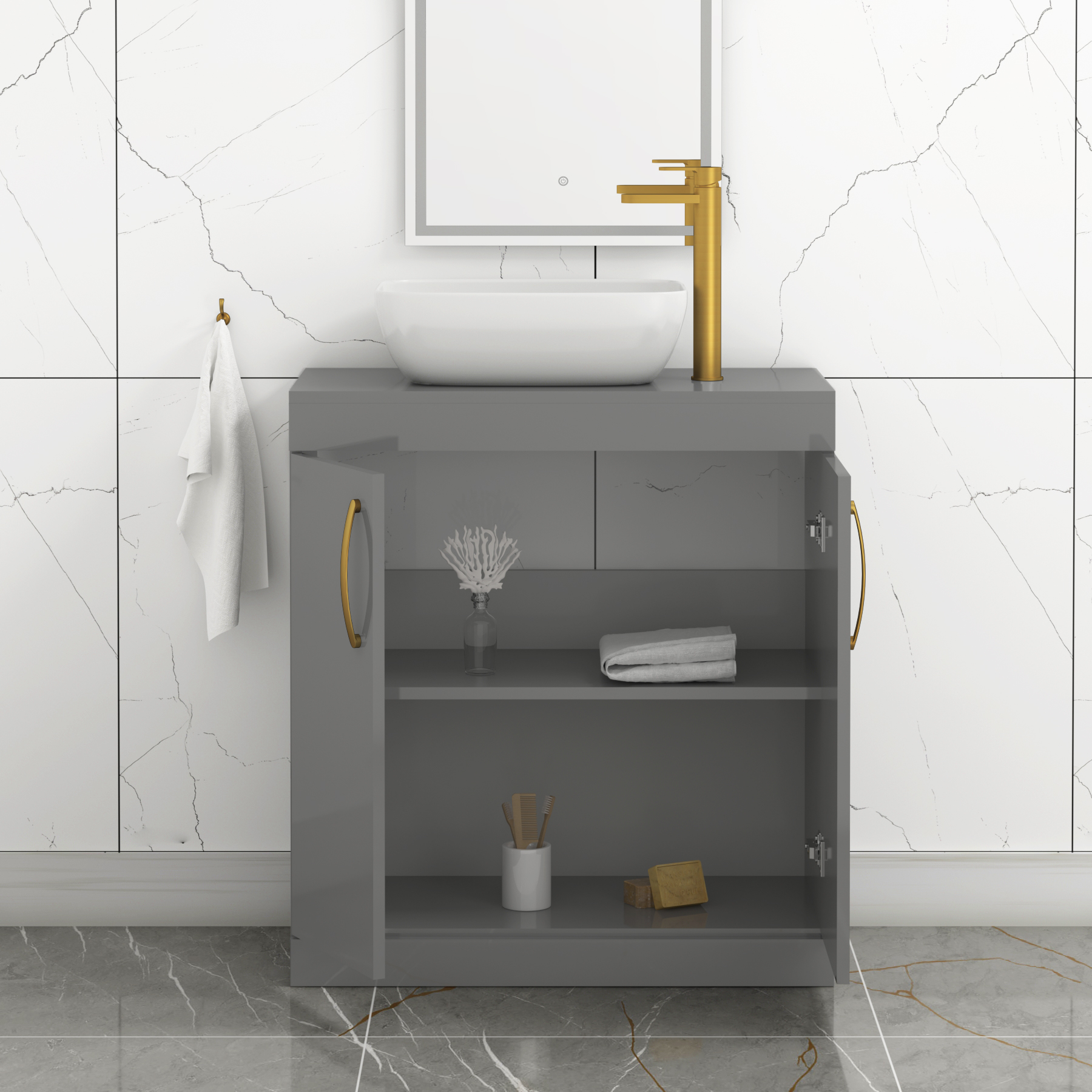 Turin 800mm Floor Standing Vanity Unit 2 Door Indigo Grey Gloss & Countertop Basin - Elva with Brushed Brass Handle