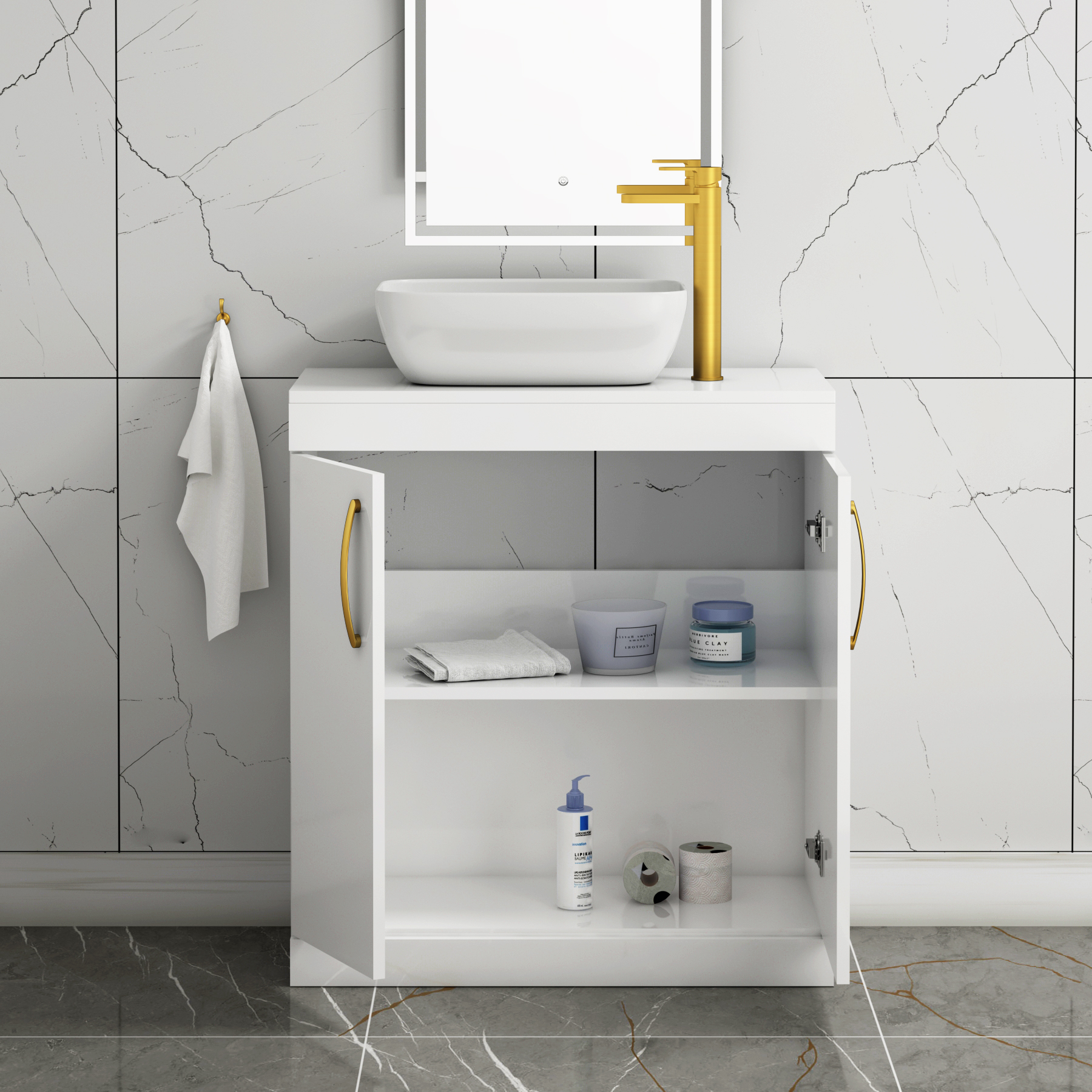 Turin 800mm Floor Standing Vanity Unit 2 Door Gloss White & Countertop Basin - Elva with Brushed Brass Handle