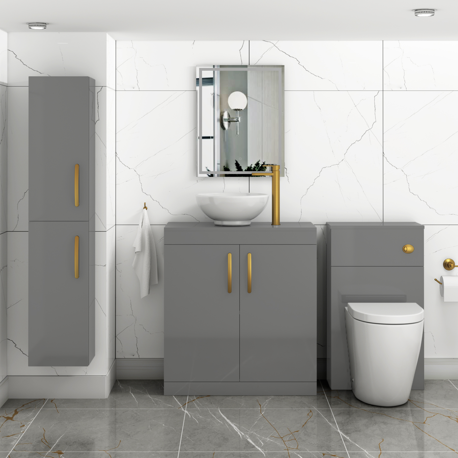 Turin 800mm Floor Standing Vanity Unit 2 Door Indigo Grey Gloss & Countertop Basin - Breeze with Brushed Brass Handle