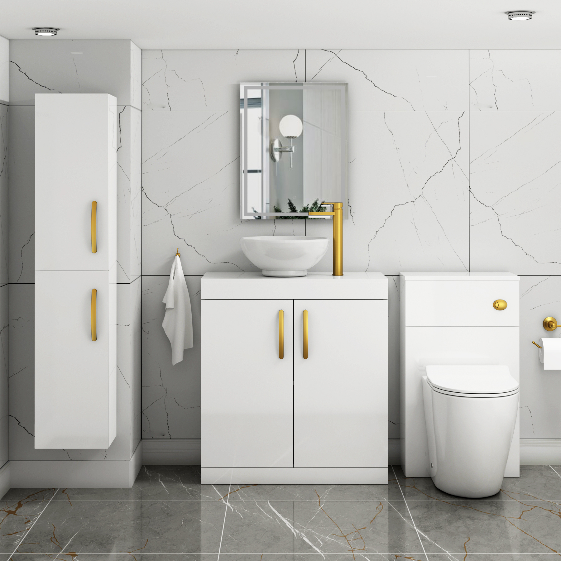 Turin 800mm Floor Standing Vanity Unit 2 Door Gloss White & Countertop Basin - Breeze with Brushed Brass Handle