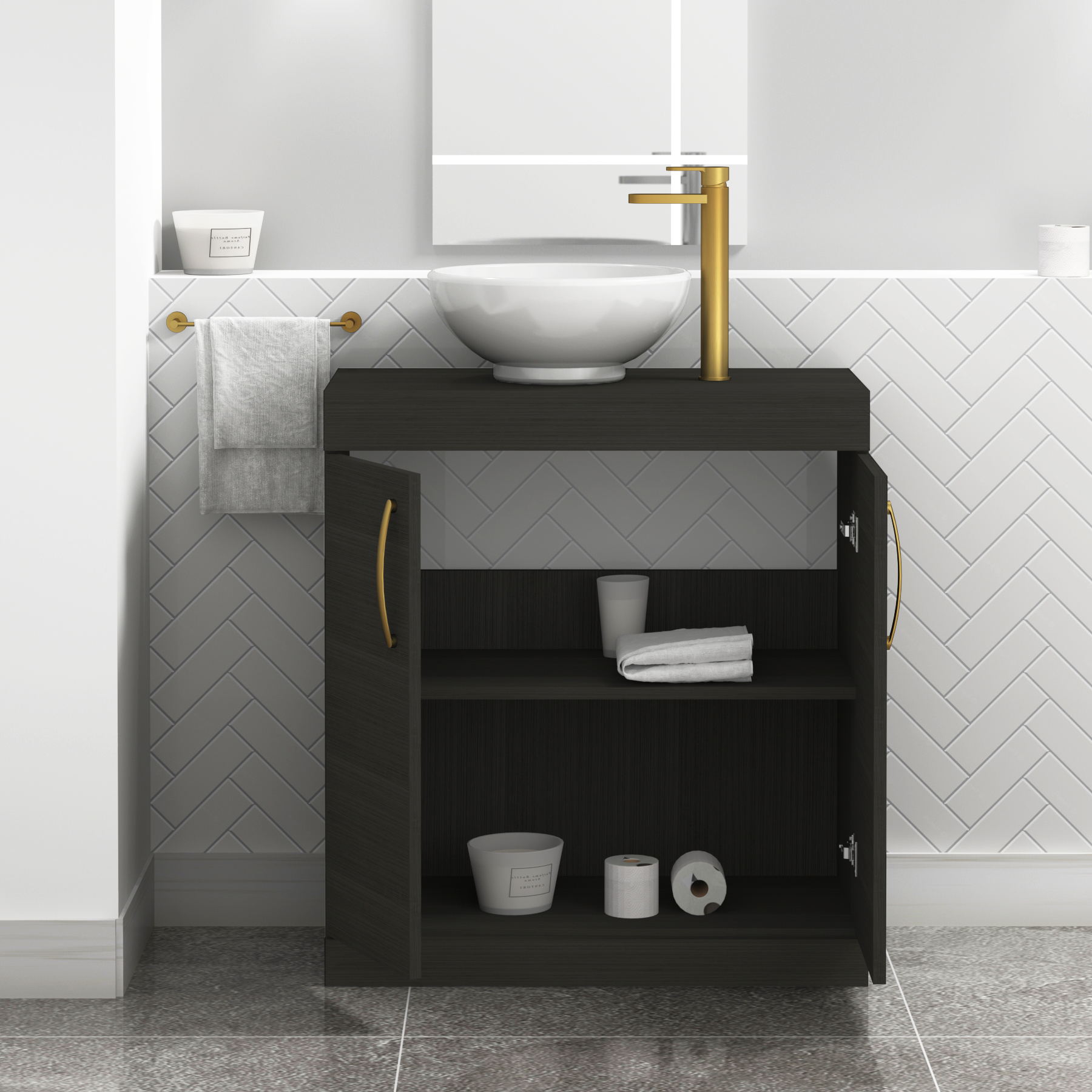 Turin 800mm Floor Standing Vanity Unit 2 Door Hale Black & Countertop Basin - Breeze with Brushed Brass Handle