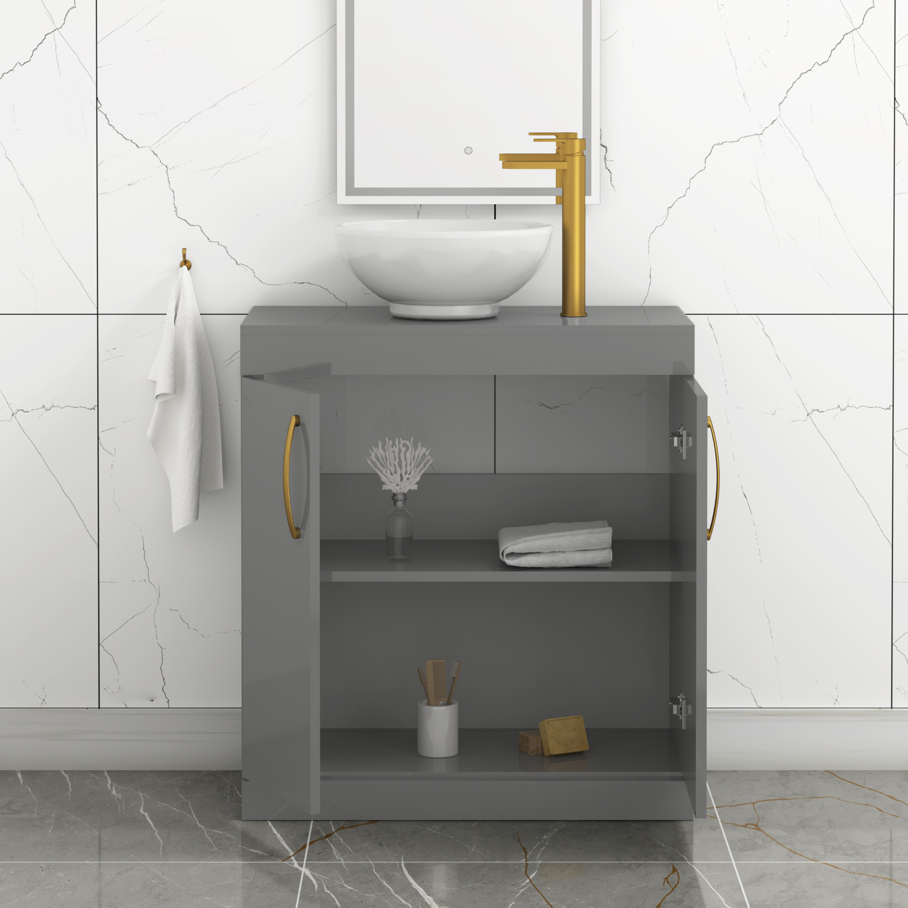 Turin 800mm Floor Standing Vanity Unit 2 Door Indigo Grey Gloss & Countertop Basin - Breeze with Brushed Brass Handle