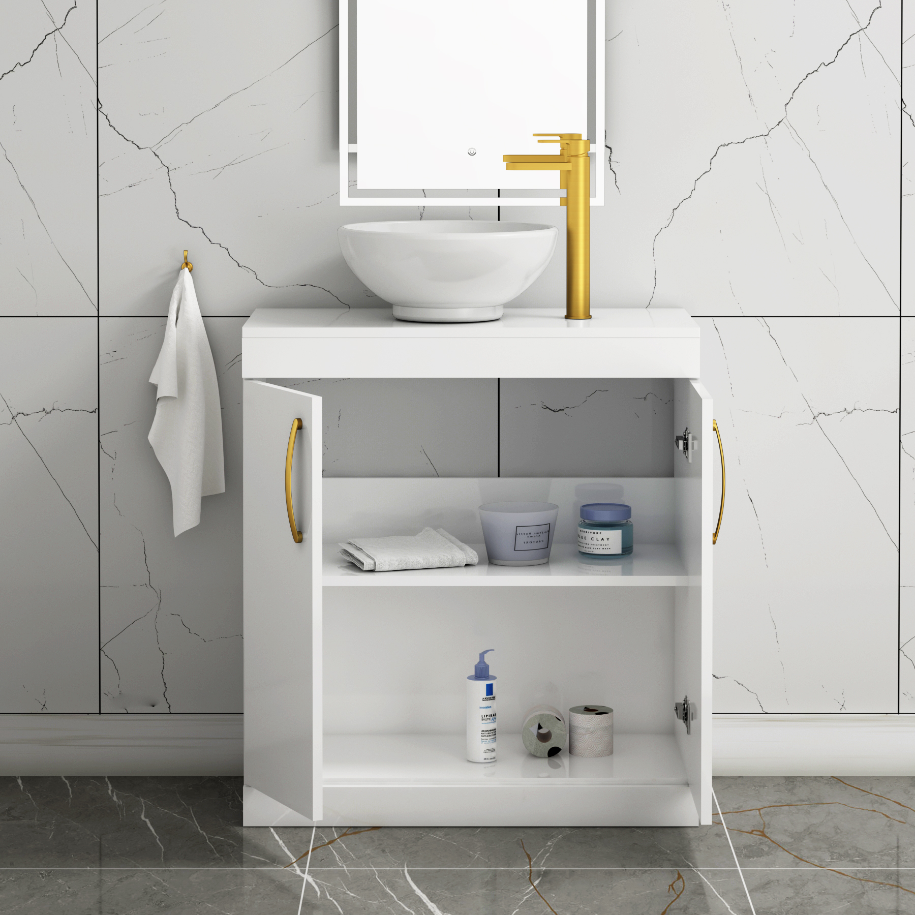 Turin 800mm Floor Standing Vanity Unit 2 Door Gloss White & Countertop Basin - Breeze with Brushed Brass Handle