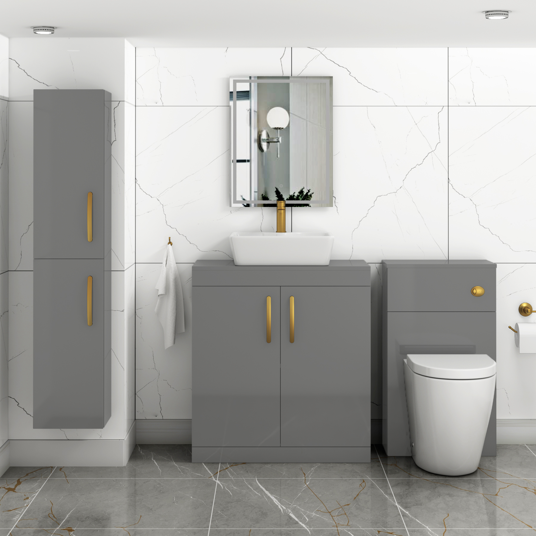 Turin 800mm Floor Standing Vanity Unit 2 Door Indigo Grey Gloss & Countertop Basin - Cube with Brushed Brass Handle