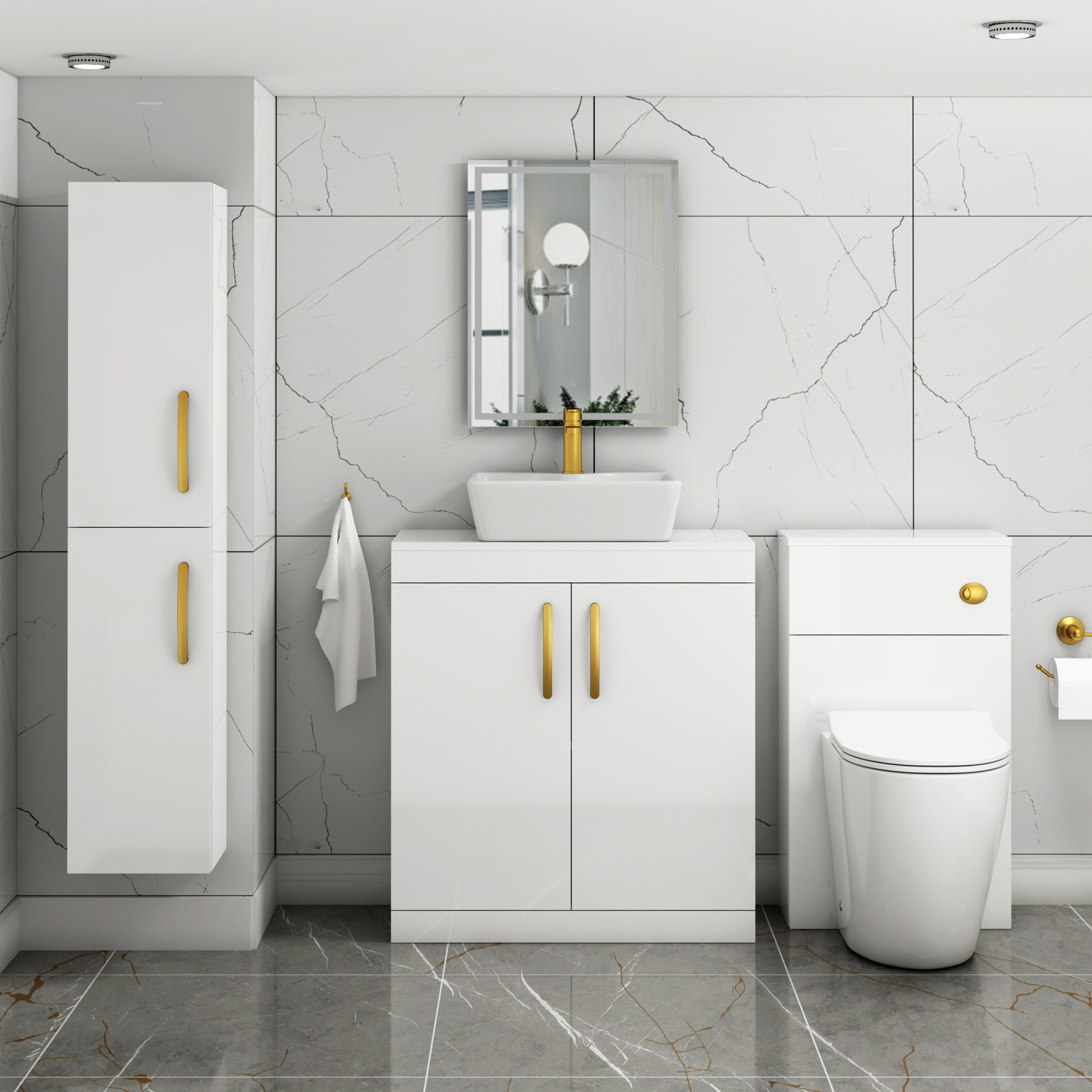 Turin 800mm Floor Standing Vanity Unit 2 Door Gloss White & Countertop Basin - Cube with Brushed Brass Handle