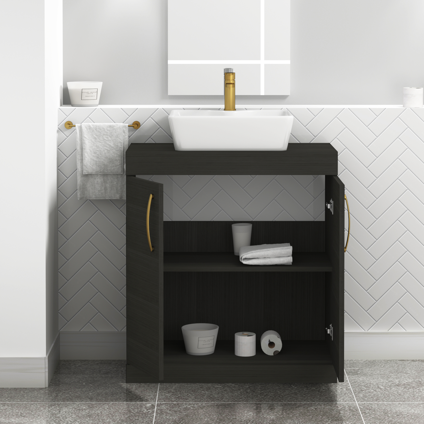 Turin 800mm Floor Standing Vanity Unit 2 Door Hale Black & Countertop Basin - Cube with Brushed Brass Handle