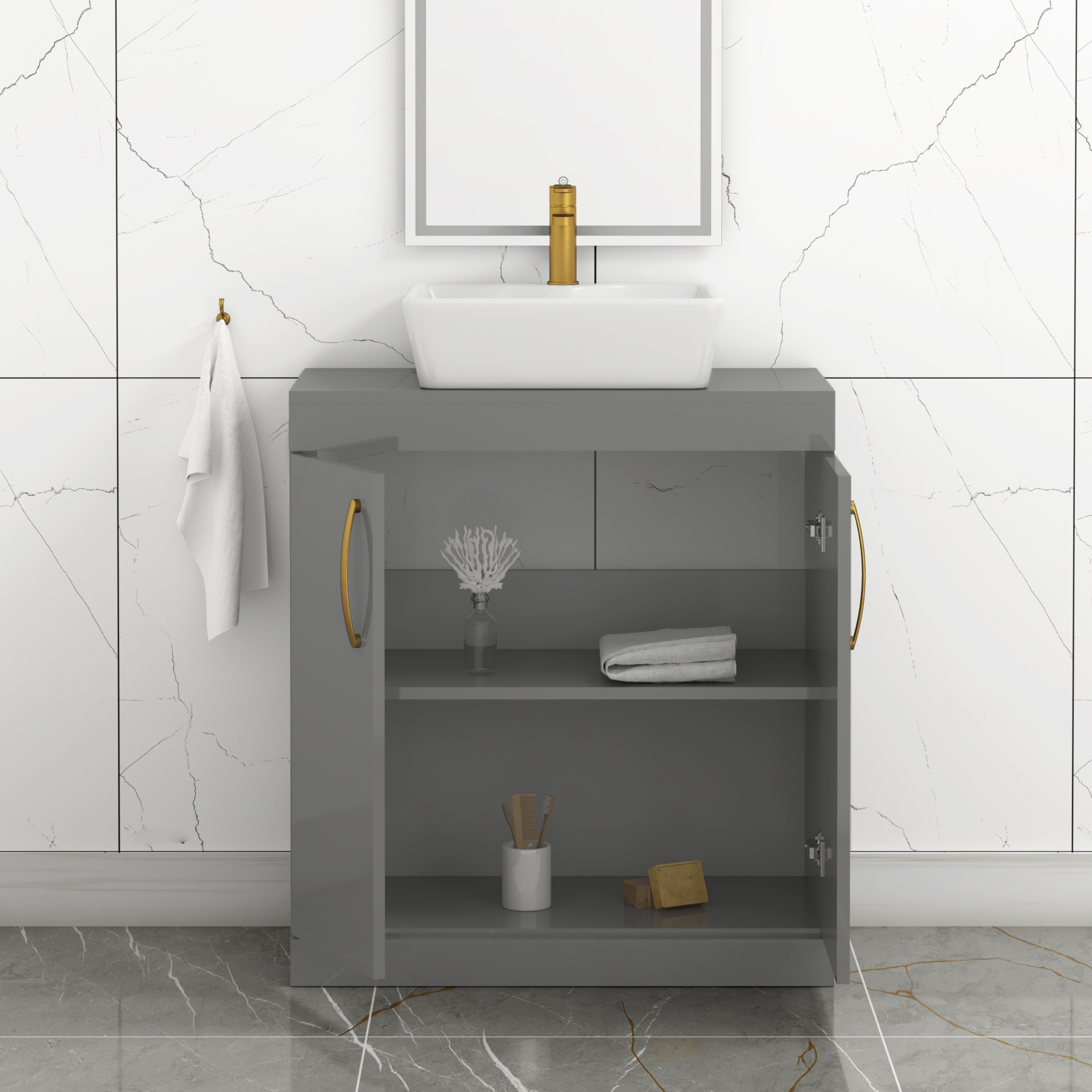 Turin 800mm Floor Standing Vanity Unit 2 Door Indigo Grey Gloss & Countertop Basin - Cube with Brushed Brass Handle