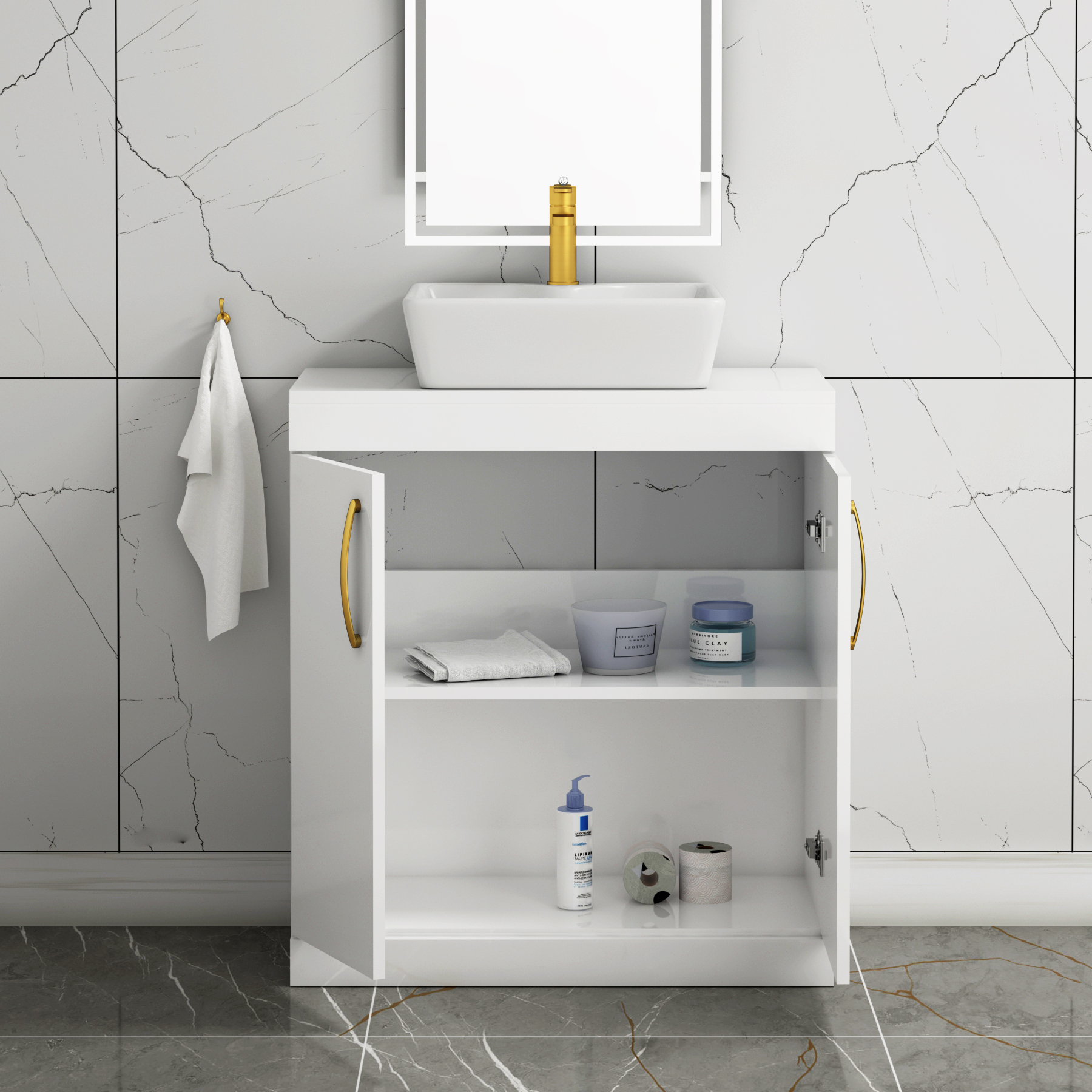 Turin 800mm Floor Standing Vanity Unit 2 Door Gloss White & Countertop Basin - Cube with Brushed Brass Handle
