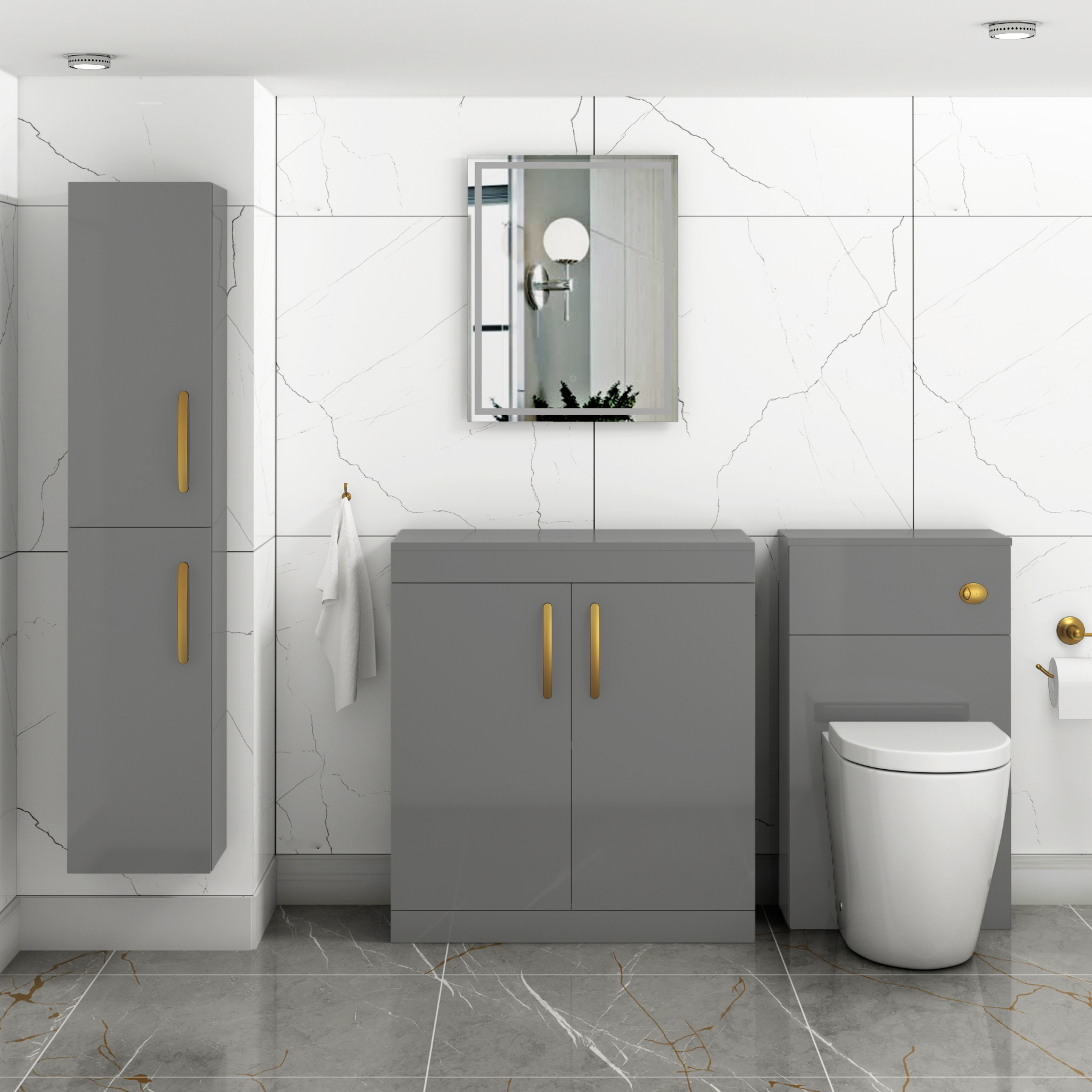 Turin 800mm Indigo Grey Gloss Floor Standing Worktop Vanity Unit - 2 Doors with Brushed Brass Handle