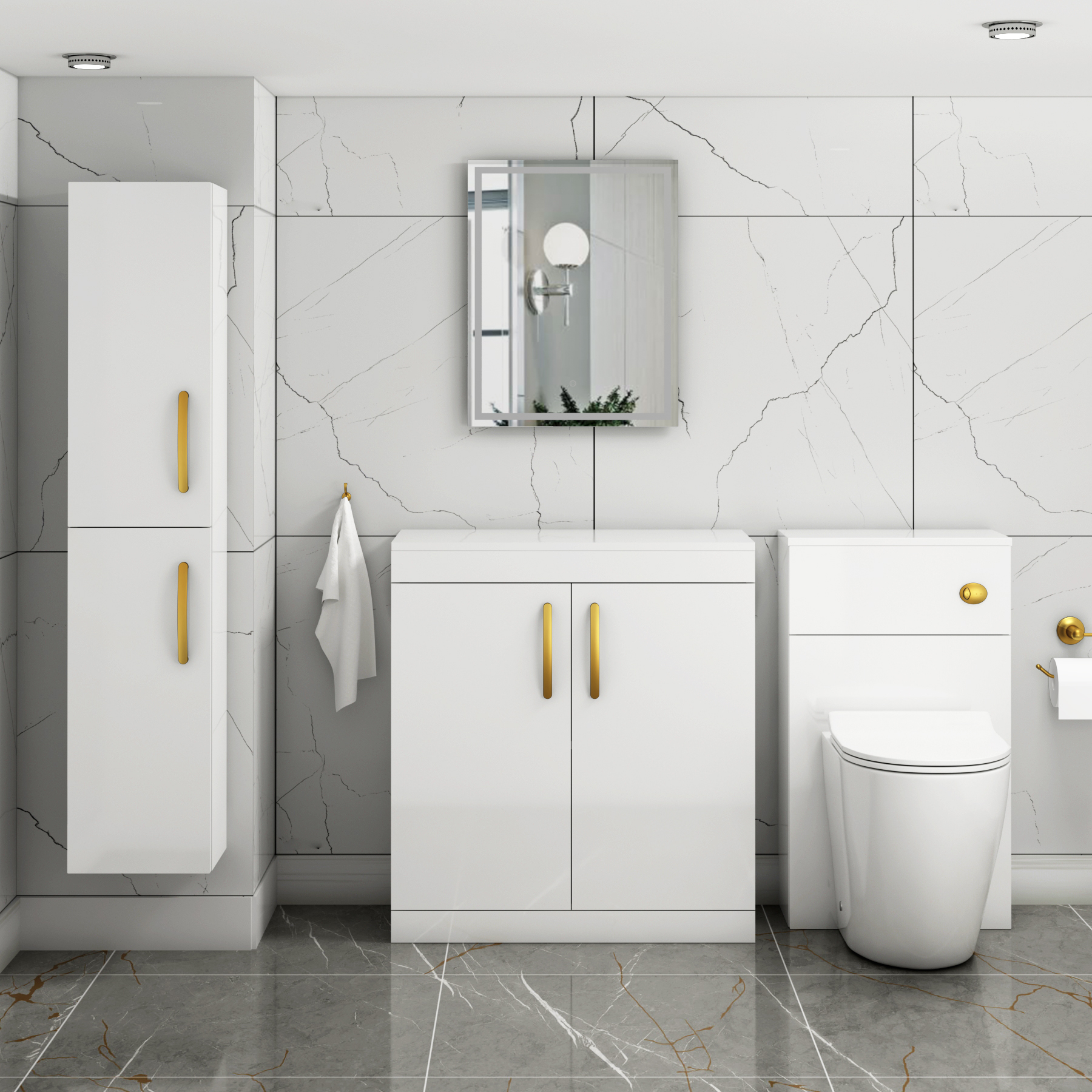 Turin 800mm Gloss White Floor Standing Worktop Vanity Unit - 2 Doors with Brushed Brass Handle
