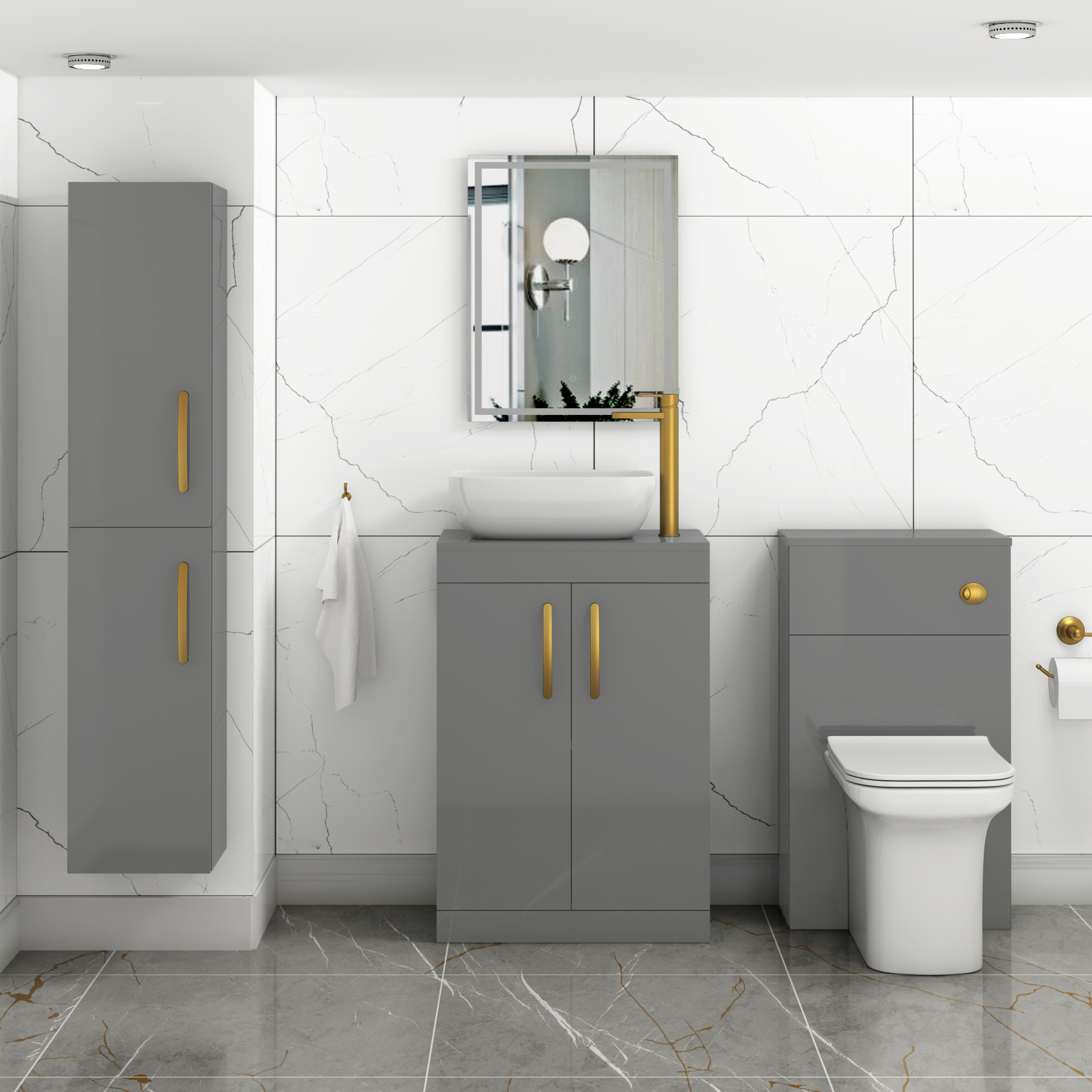 600mm Floor Standing Vanity Unit 2 Door Indigo Grey Gloss & Countertop Basin - Elva with Brushed Brass Handle