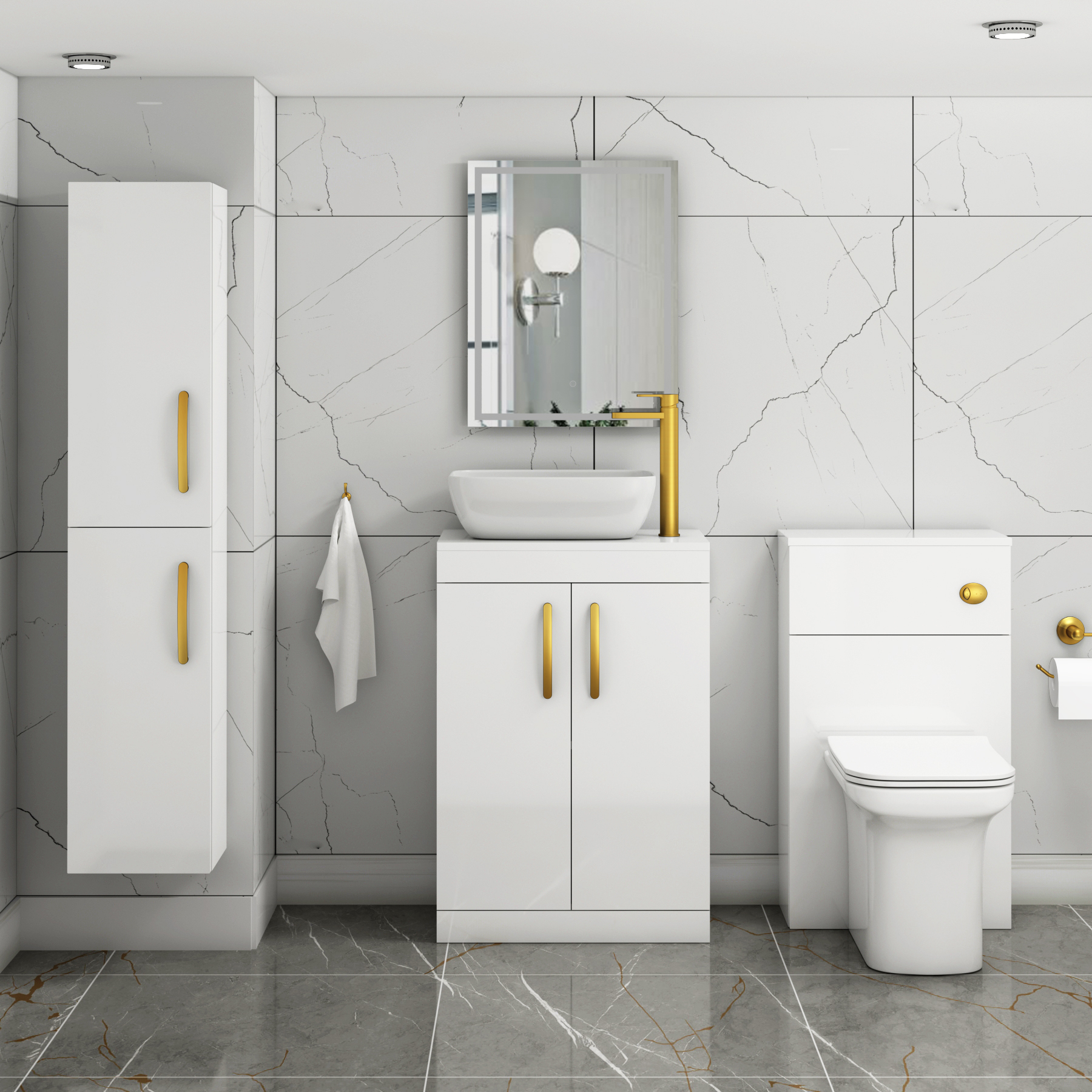 600mm Floor Standing Vanity Unit 2 Door Gloss White & Countertop Basin - Elva with Brushed Brass Handle