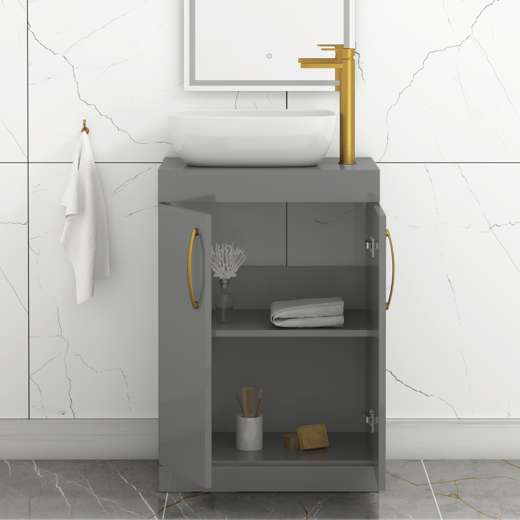 600mm Floor Standing Vanity Unit 2 Door Indigo Grey Gloss & Countertop Basin - Elva with Brushed Brass Handle