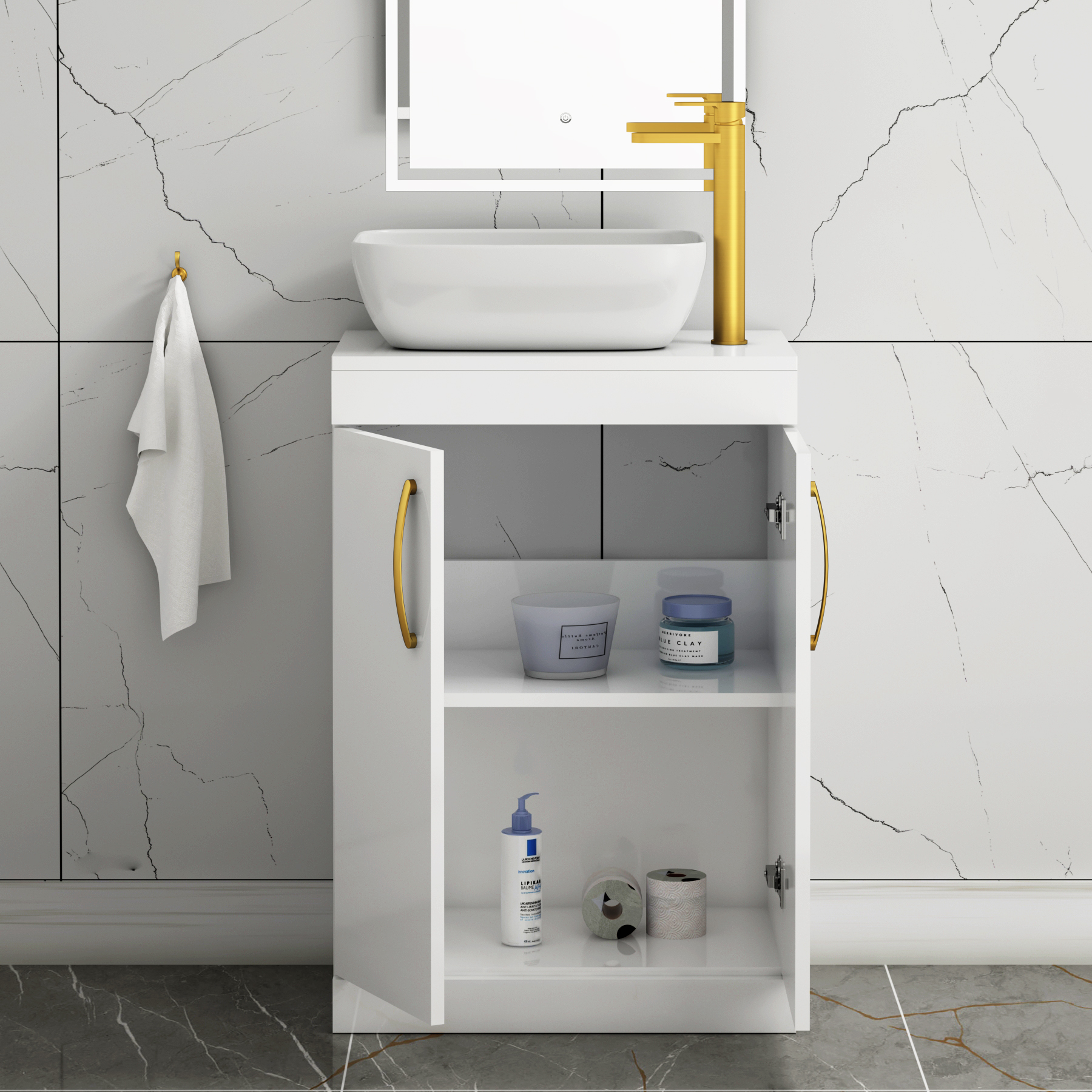 600mm Floor Standing Vanity Unit 2 Door Gloss White & Countertop Basin - Elva with Brushed Brass Handle