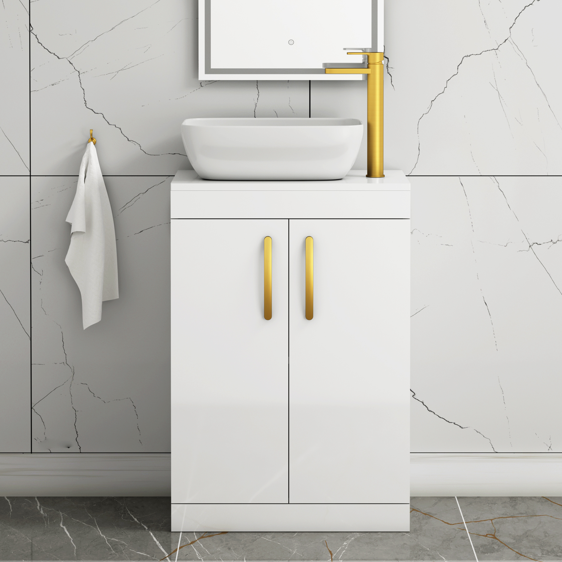 600mm Floor Standing Vanity Unit 2 Door Gloss White & Countertop Basin - Elva with Brushed Brass Handle