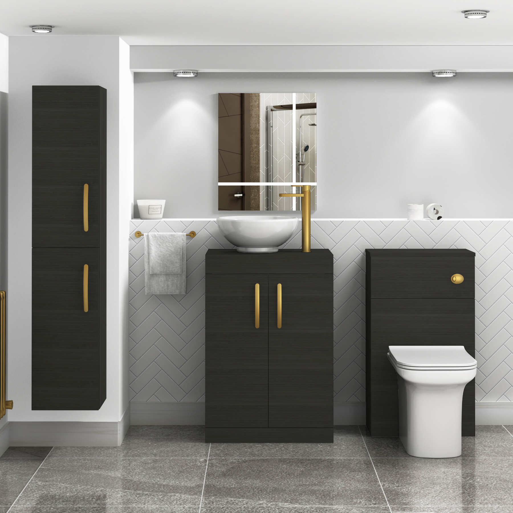 600mm Hale Black Floor Standing Vanity Unit 2 Door & Countertop Basin - Breeze with Brushed Brass Handle