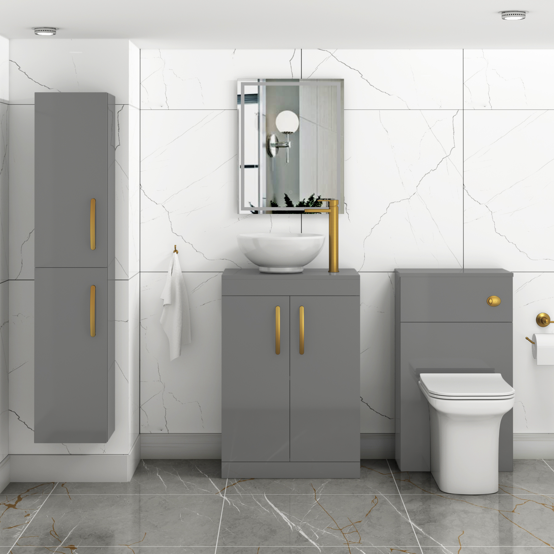 600mm Floor Standing Vanity Unit 2 Door Indigo Grey Gloss & Countertop Basin - Breeze with Brushed Brass Handle