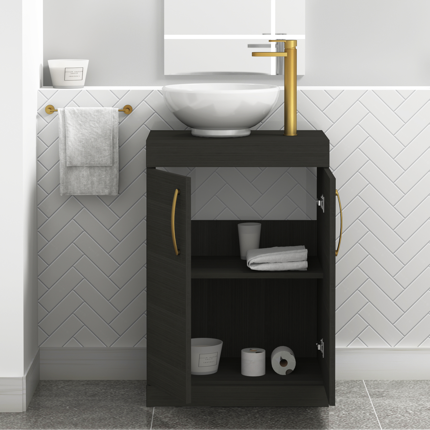 600mm Hale Black Floor Standing Vanity Unit 2 Door & Countertop Basin - Breeze with Brushed Brass Handle