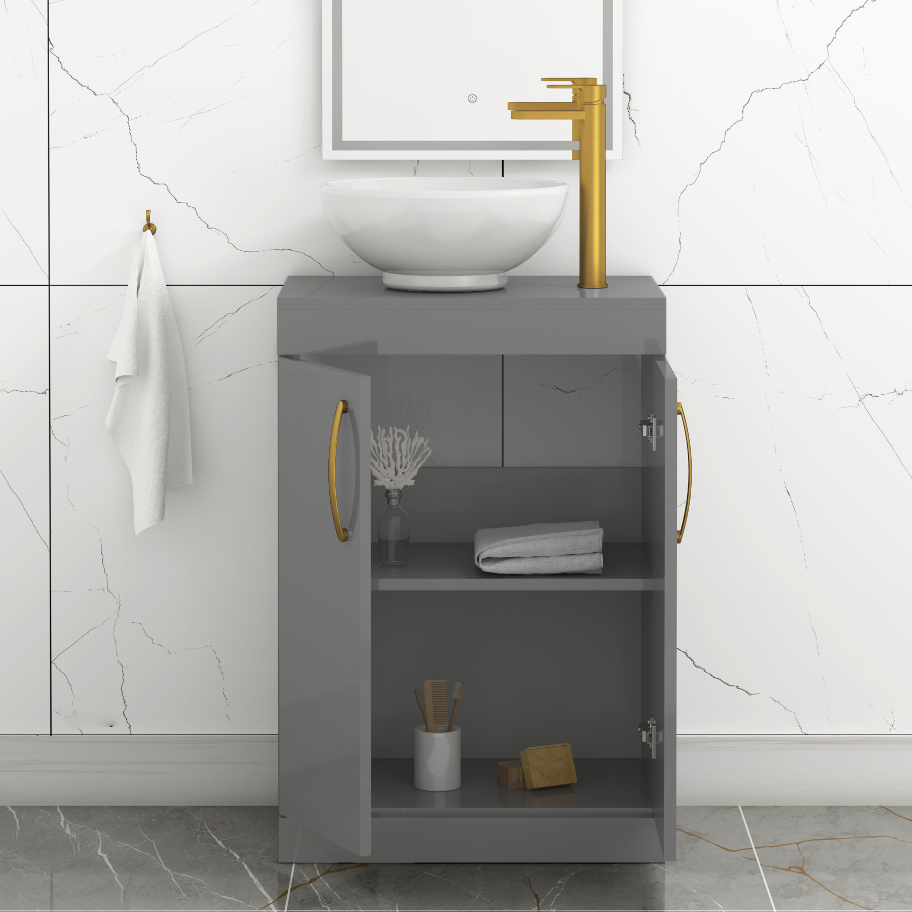 600mm Floor Standing Vanity Unit 2 Door Indigo Grey Gloss & Countertop Basin - Breeze with Brushed Brass Handle
