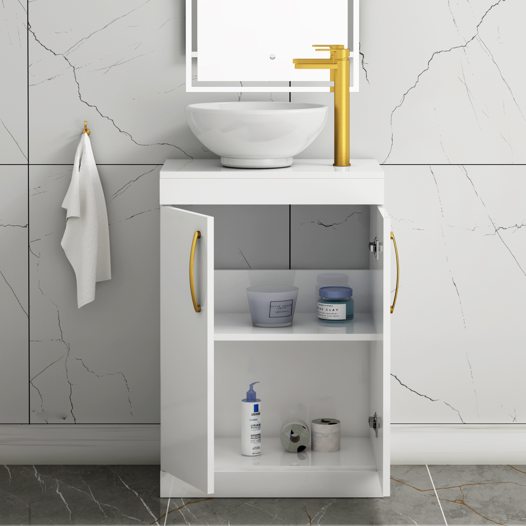 600mm Floor Standing Vanity Unit 2 Door Gloss White & Countertop Basin - Breeze with Brushed Brass Handle