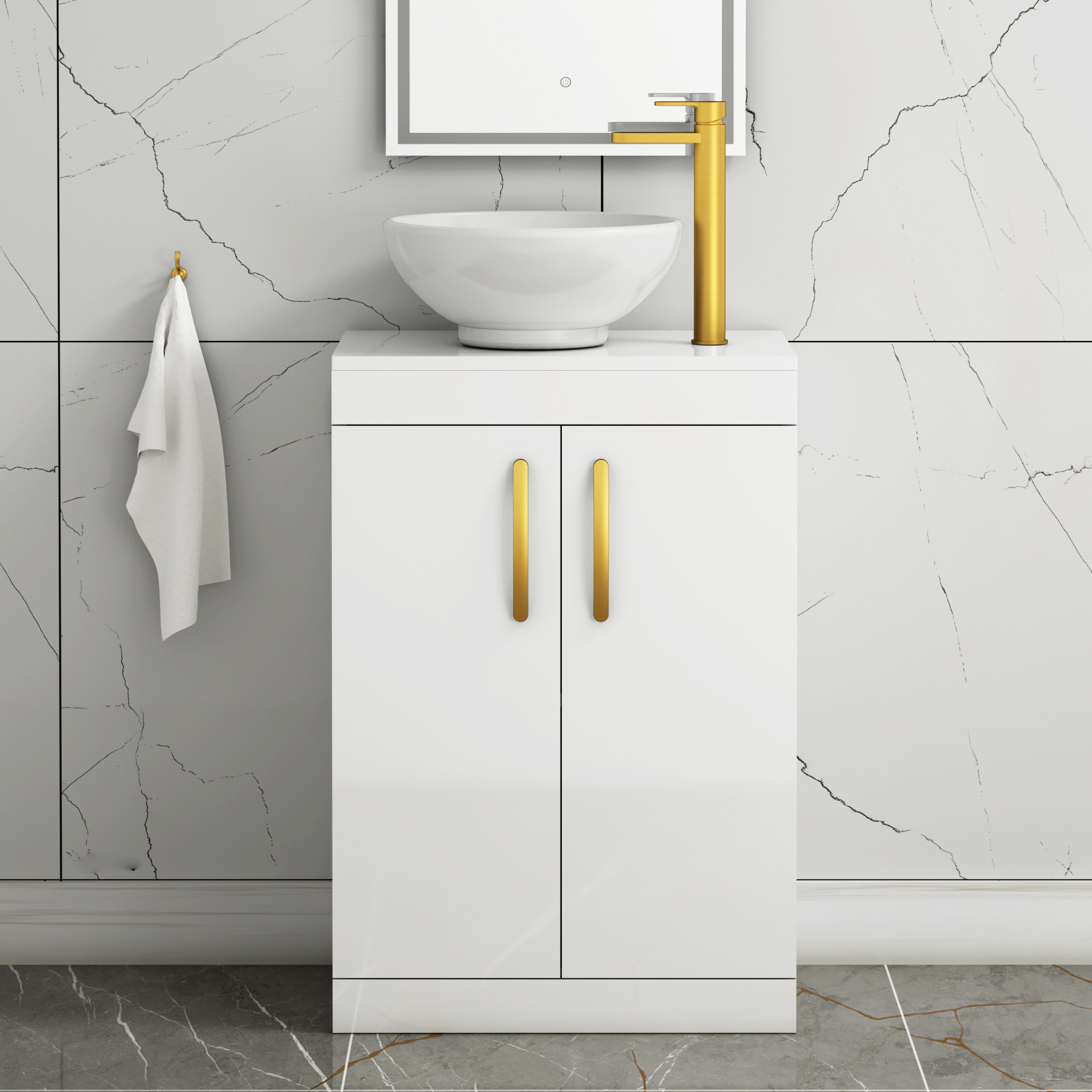 600mm Floor Standing Vanity Unit 2 Door Gloss White & Countertop Basin - Breeze with Brushed Brass Handle